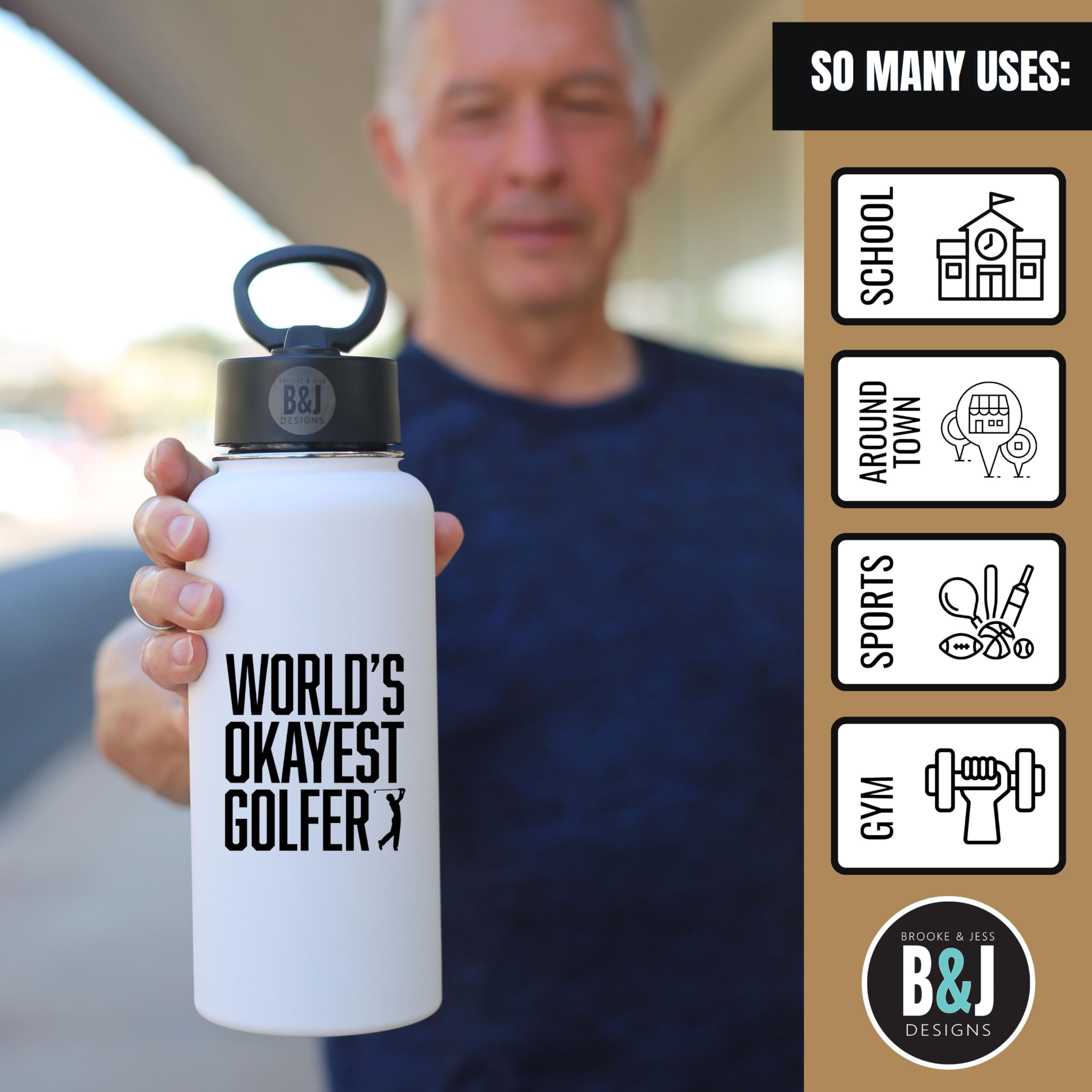 Brooke & Jess Designs - World'S Okayest Golfer 32 Oz Multipurpose Insulated Water Bottle Tumbler Travel Coffee Mug - Golf Gifts