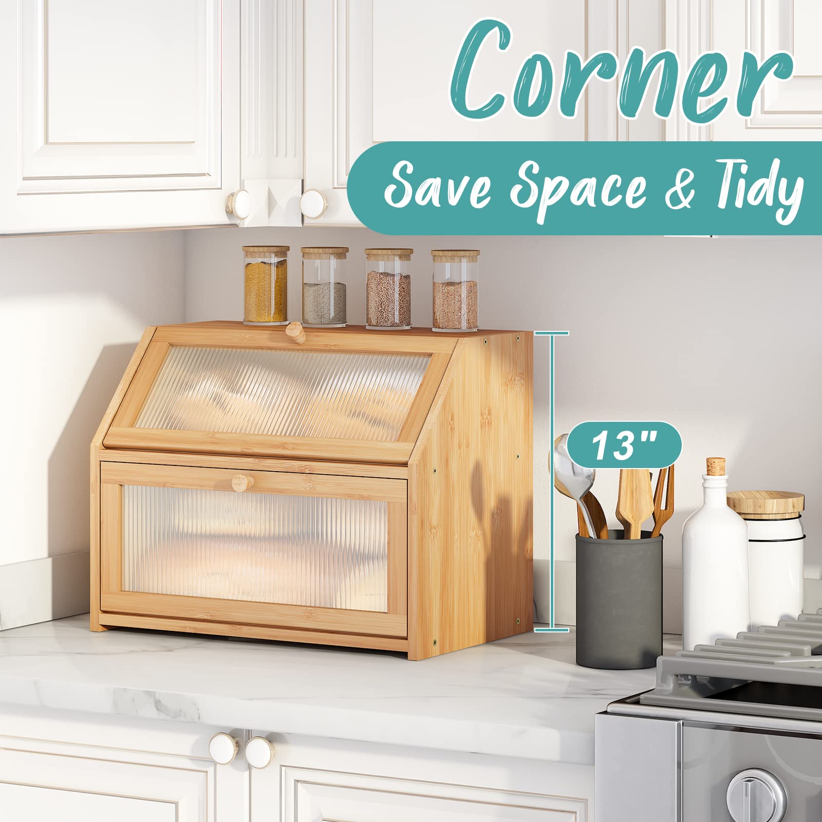 Vriccc Large Bamboo Bread Box, Double Layer Wooden Storage, Natural Color, Model WC-CH