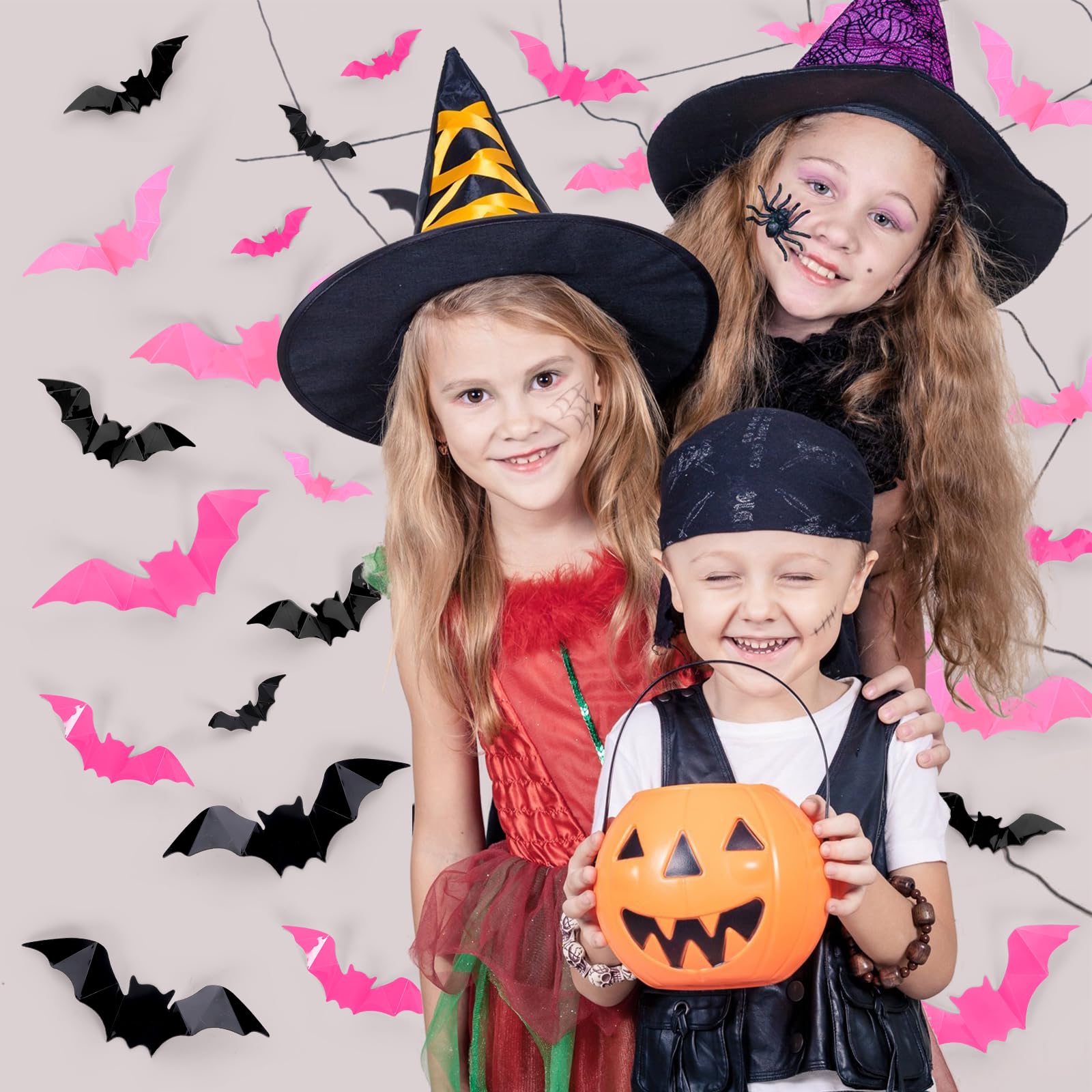 Whaline 112Pcs Halloween Wall Decoration 3D Bats With Foam Adhesive Black Pink Rose Red Waterproof Spooky Bats Stickers Hocus Po