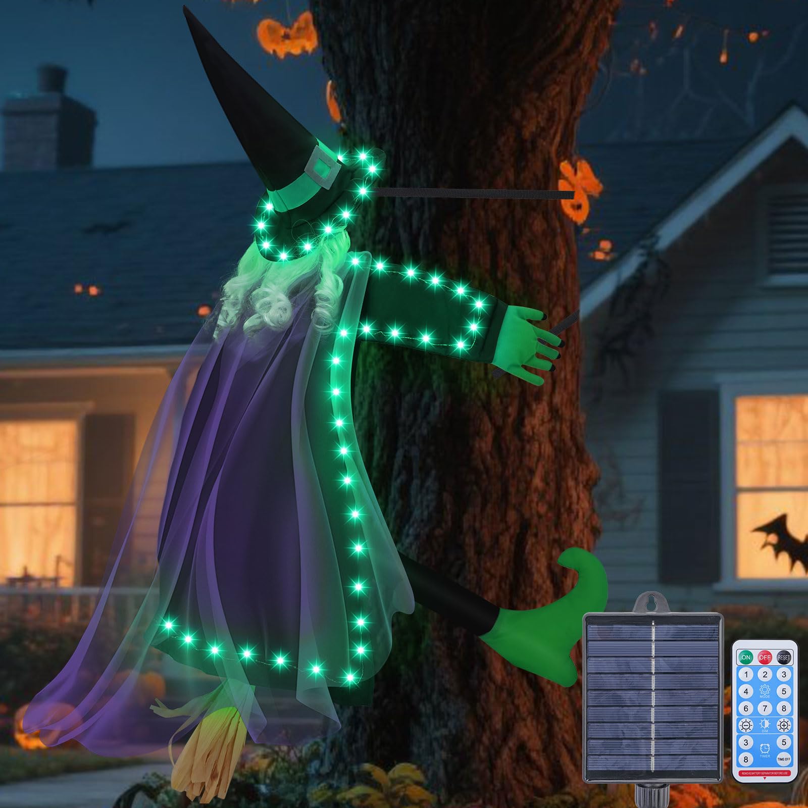 amadecohome Solar Halloween Decorations Outdoor Witches, 43 Flying Witch Crashing into Tree Hallowen Decor on Broom, Halloween W