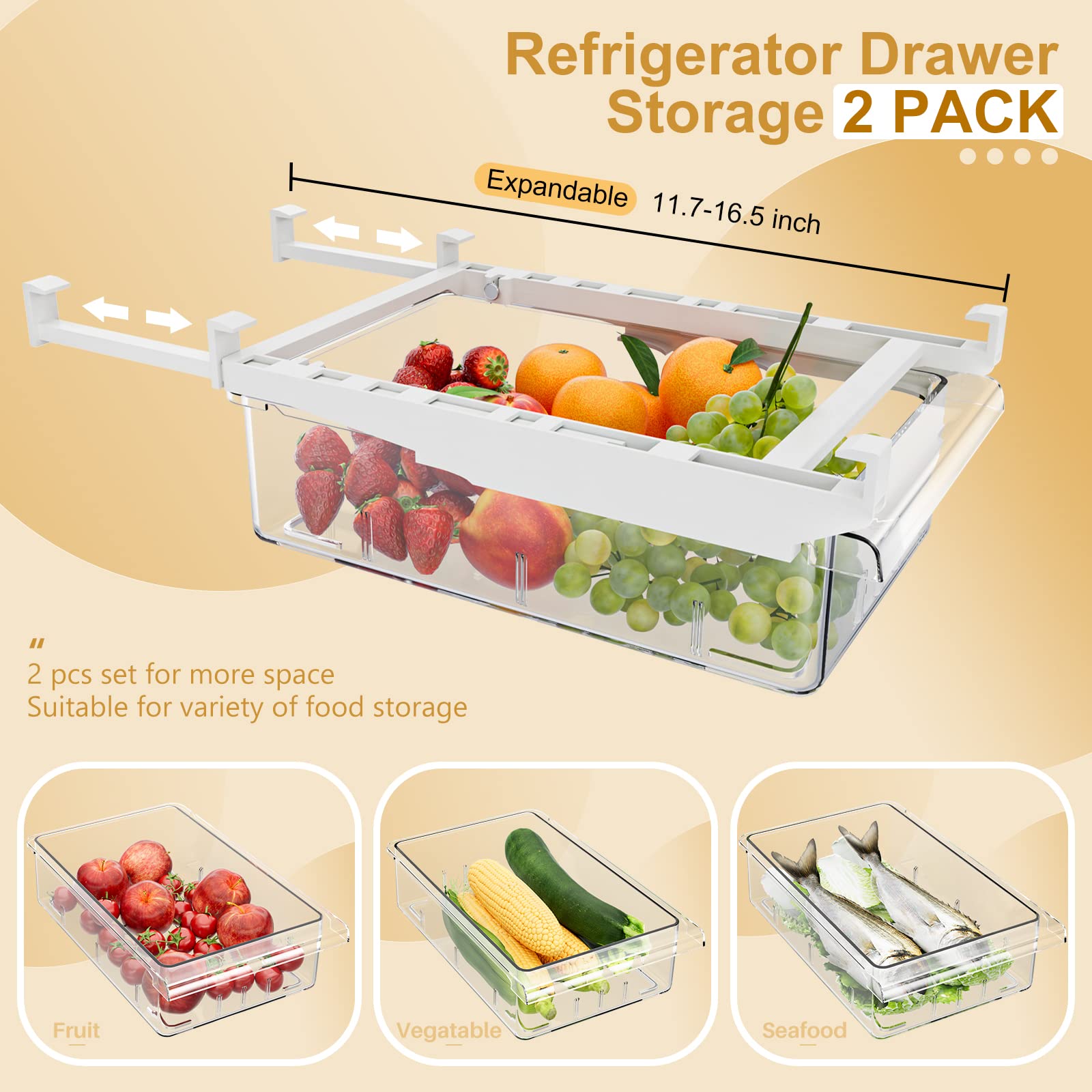 2 Pack Refrigerator Drawer Organizer, Pull Out Shelf Storage Transparent Organizer For Egg, Fruit, Vegetable, Seafood, Meat, Fit