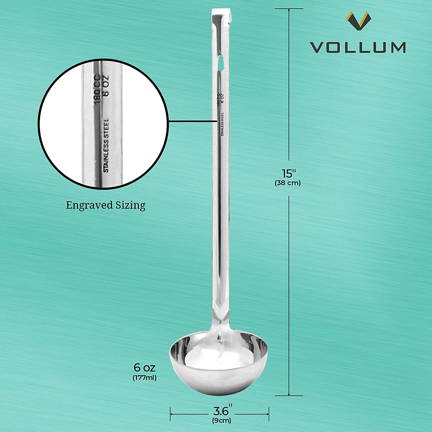 Vollum 1-Piece Ladle Heavy Duty Thick Stainless Steel - 6 Ounce (3.6'' Bowl Diameter, 12.1'' Handle Length)
