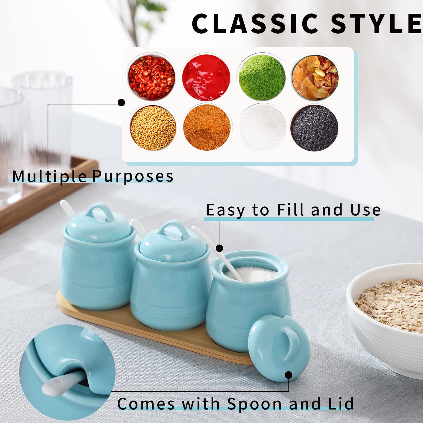 Haotop Porcelain Condiment Jar 3 Pack Set With Tray, 12 Ounces Turquoise