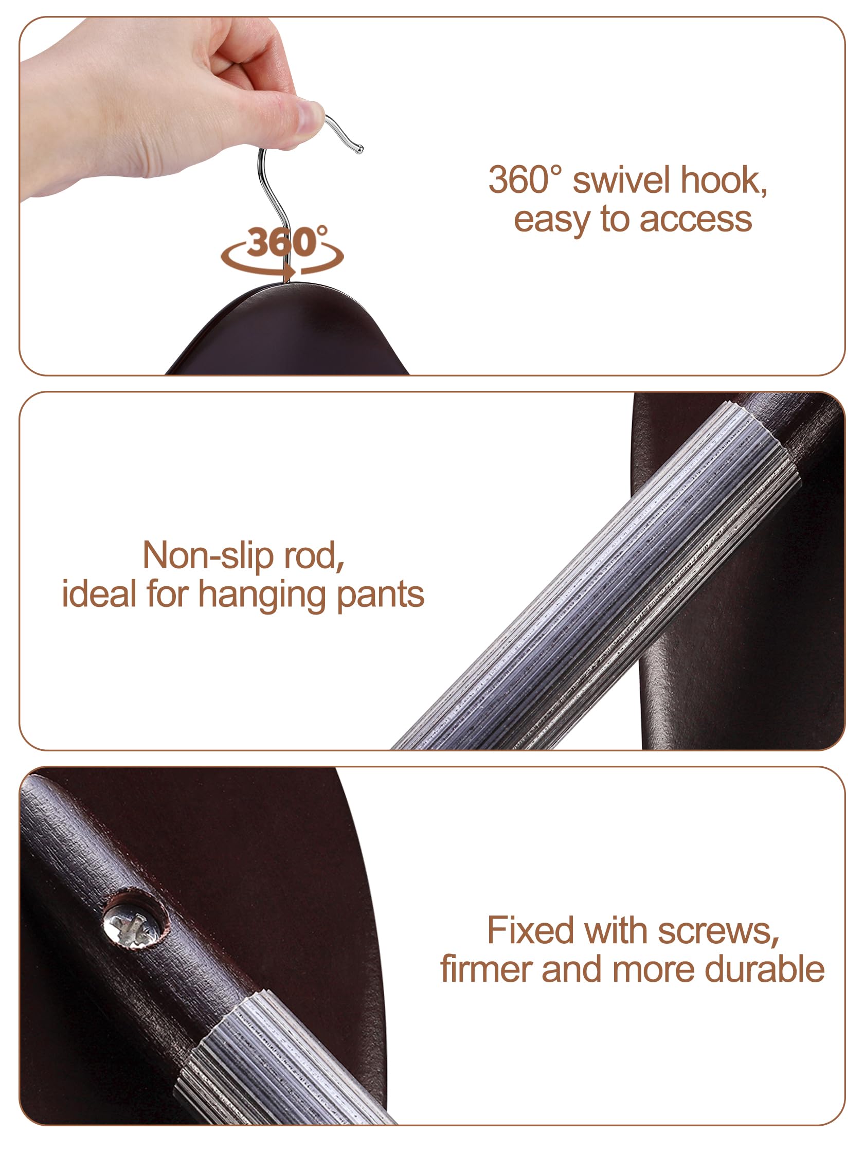 House Day High-Grade Coat Hangers, Wide Shoulder Wooden Hangers With Non Slip Pants Bar, Smooth Retro Finish 360 Swivel Hook Sol