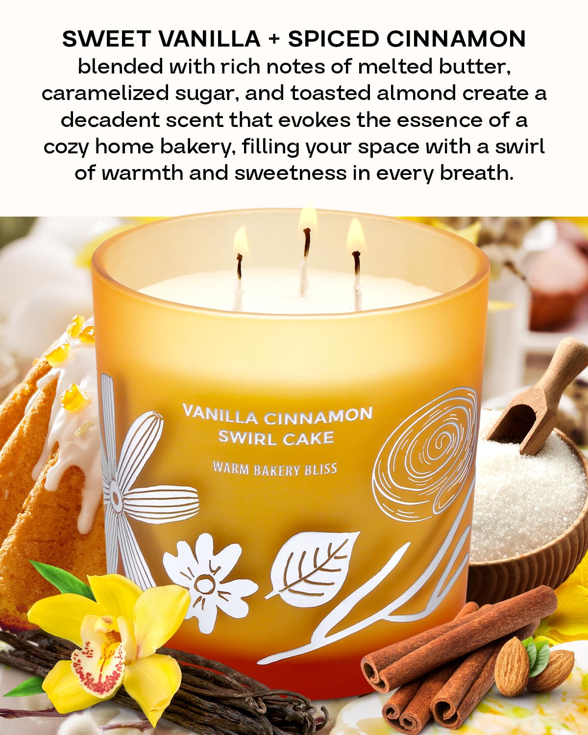 Vanilla Cinnamon Swirl Cake 3-Wick Soy Scented Candle, 14.5 oz | Highly Scented, Long-Lasting | Vanilla Cinnamon Spiced Candle f