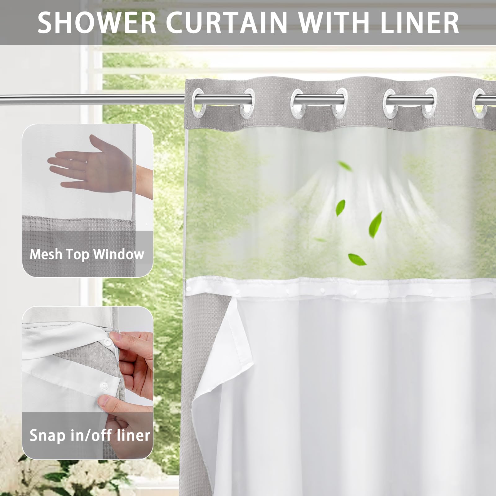 Yellyhommy No Hook Shower Curtain With Snap In Liner Set Less Time Light Gray Waffle Shower Curtain For Bathroom 75'' L X 72'' W