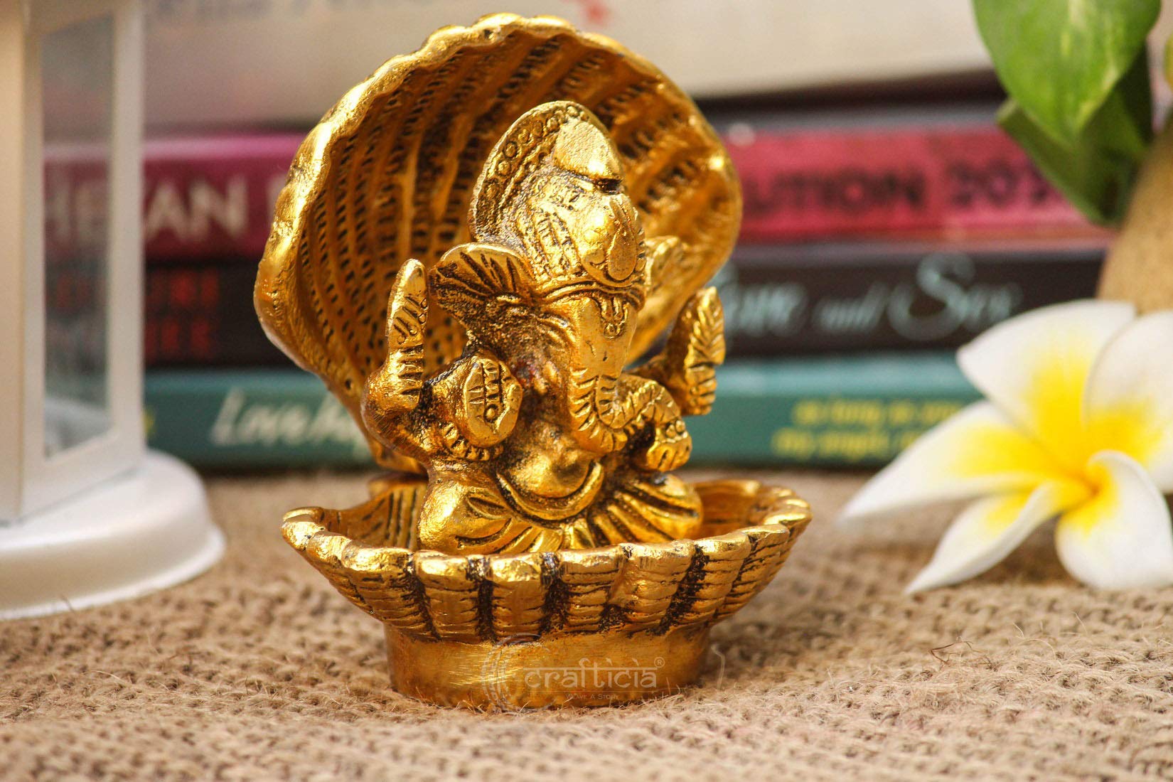 Crafticia Metal Lord Ganesh Statue Sitting In Seep Ganesha For Puja Showpiece (8 X 8 X 8.5 Cm, Golden), Gold, Medium