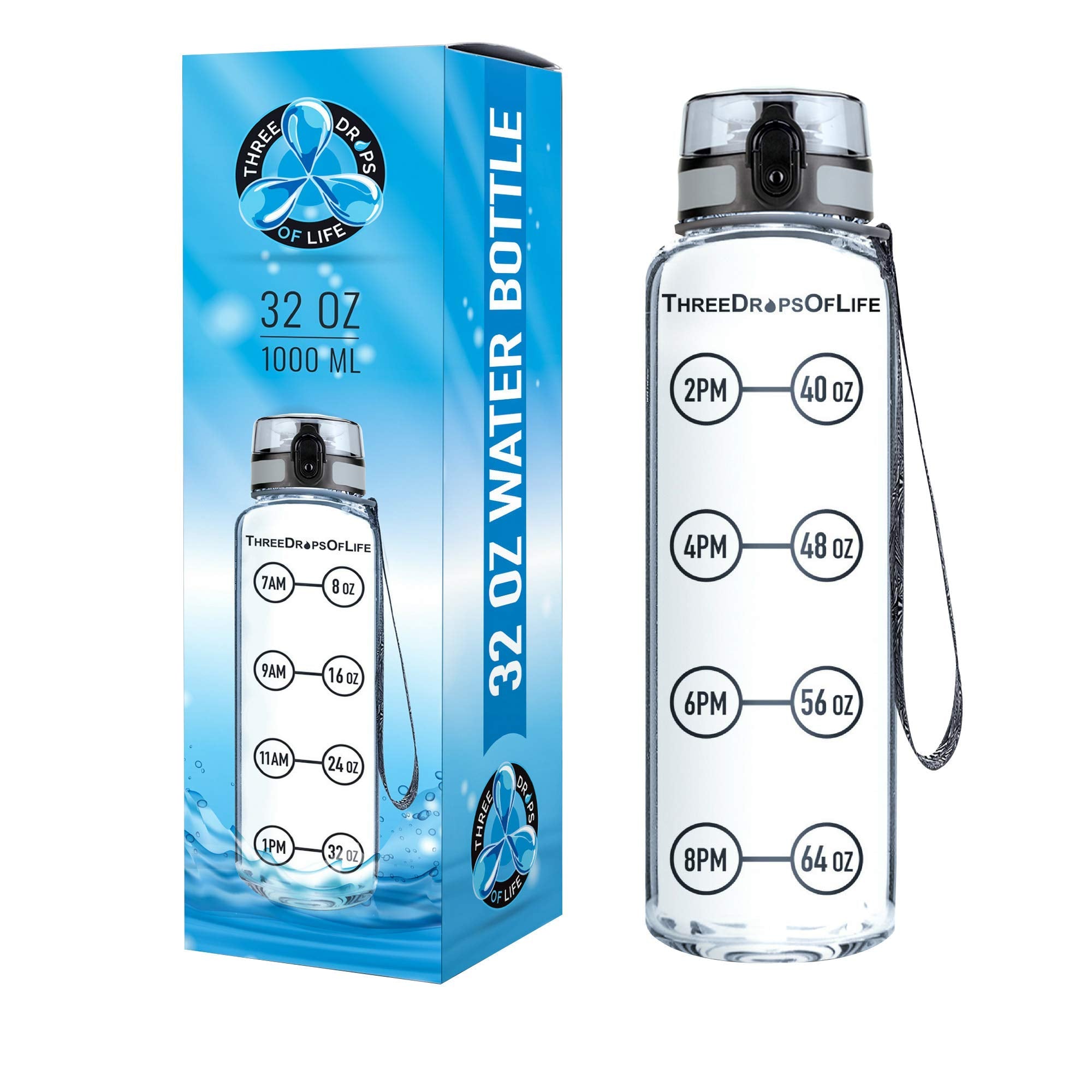 Three Drops Of Life Time Marked Water Bottle, Clear Sports Timed Water Bottle 32 Oz, Best For Measuring Water Intake, Tritan Bpa