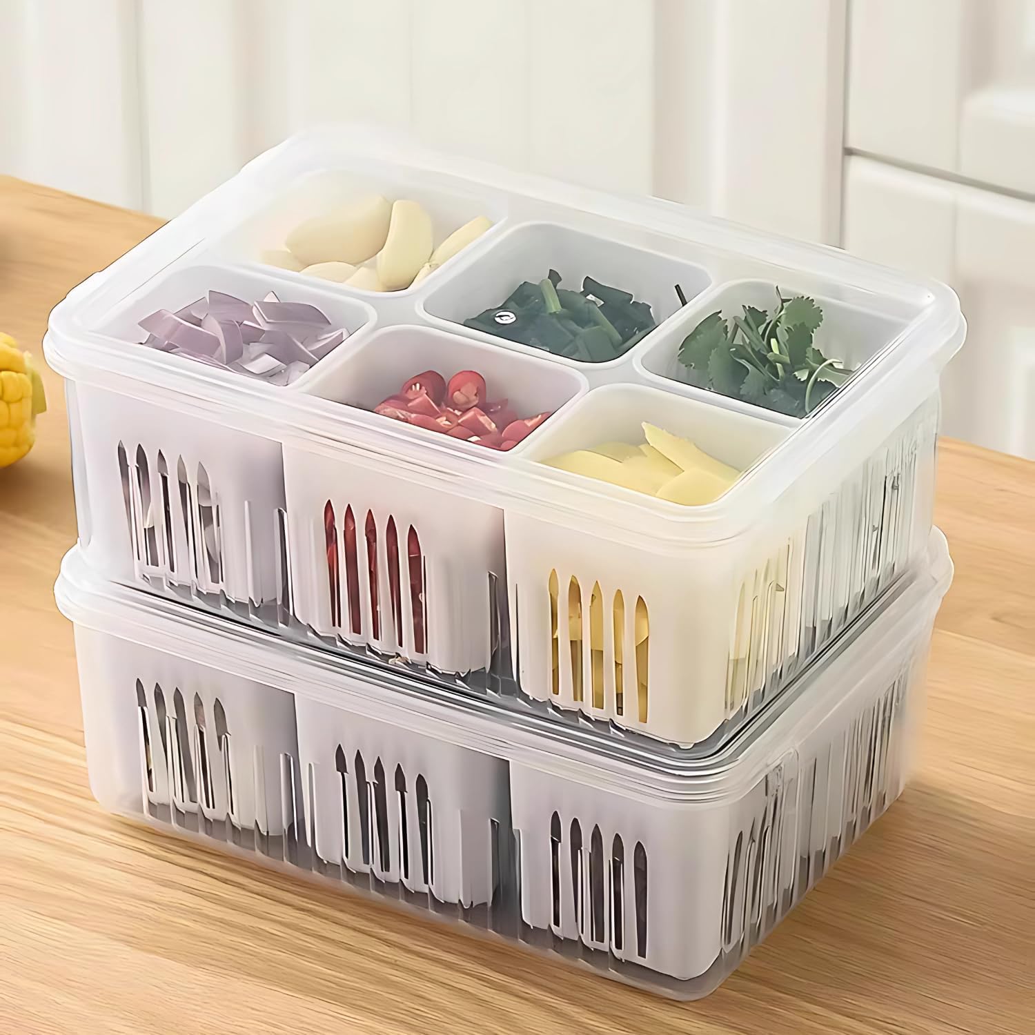 (2 Set) 6 Grid Fridge Storage Box Fridge Organiser Storage Boxes For Vegetables Fruits And Snacks, Refrigerator Storage Containe
