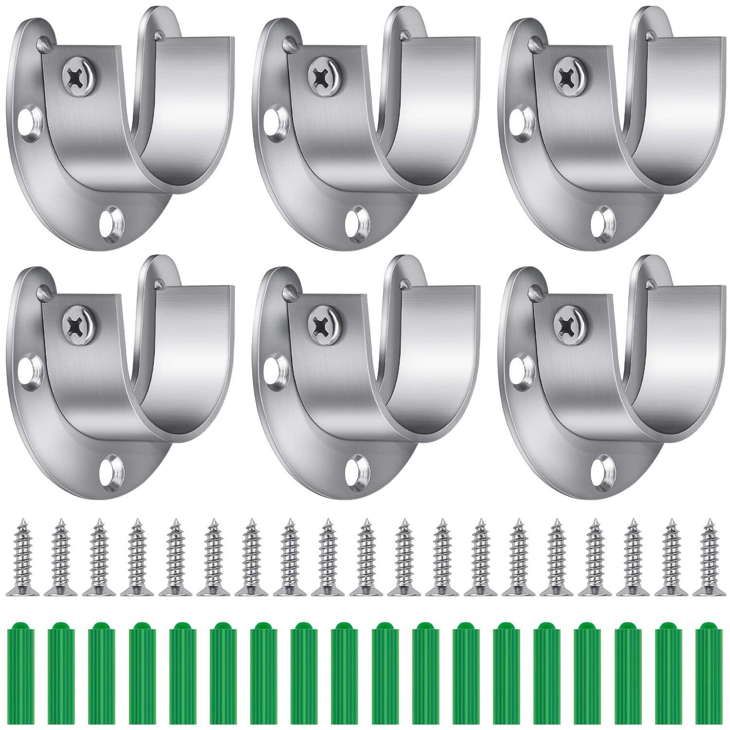Favordrory 6 Pieces Stainless Steel Closet Pole Sockets Rod Socket Flange Set Rod Support Flange Holder, U Shaped, Easy Installa