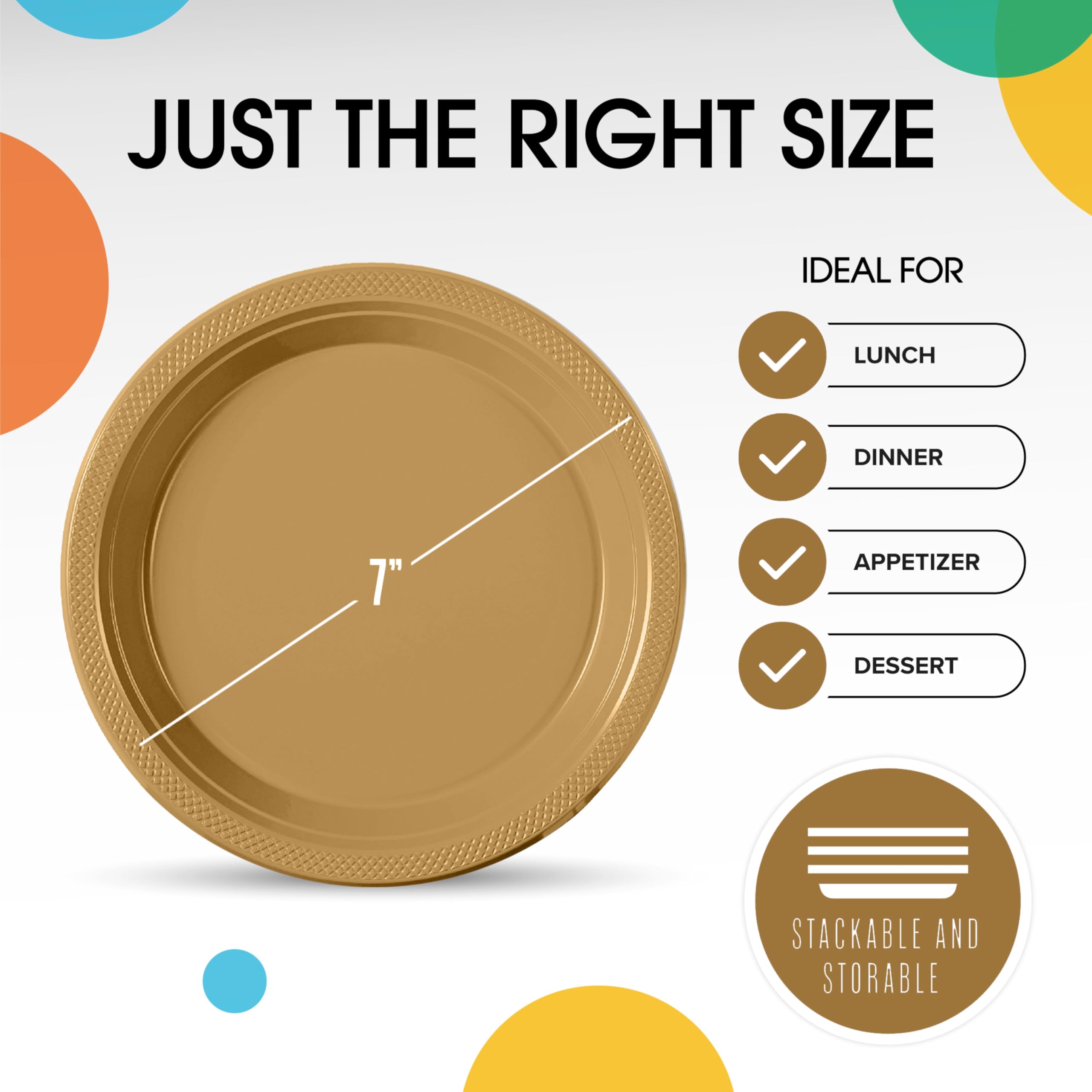 Exquisite 7 Inch. Gold Plastic Dessert/Salad Plates - Solid Color Disposable Plates - 100 Count