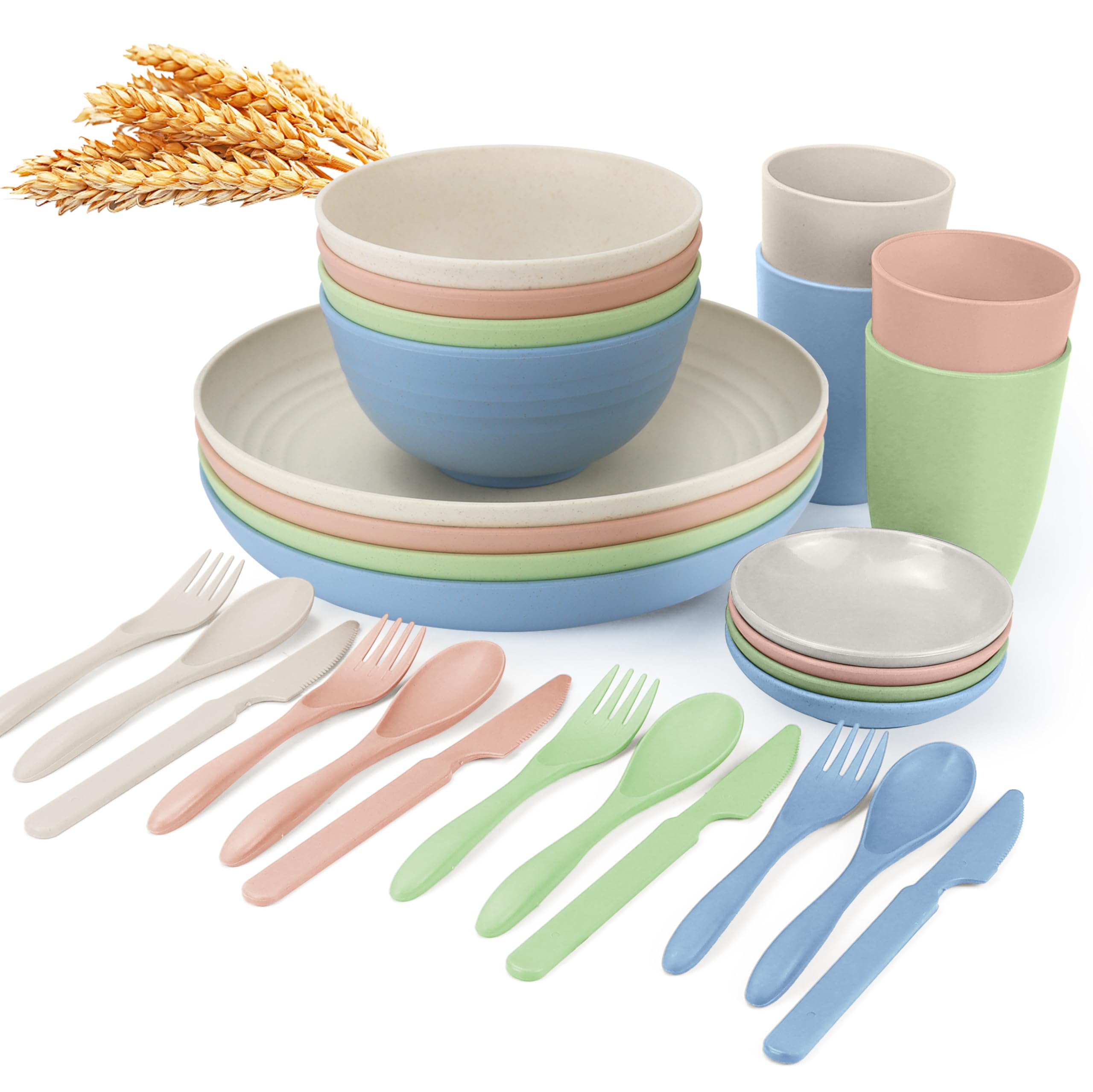 Wrova wheat straw bowls,plates,cups and cutlery sets 28 pcs - Unbreakable Dishwasher Safe dinnerware sets service for 4 - Ideal 