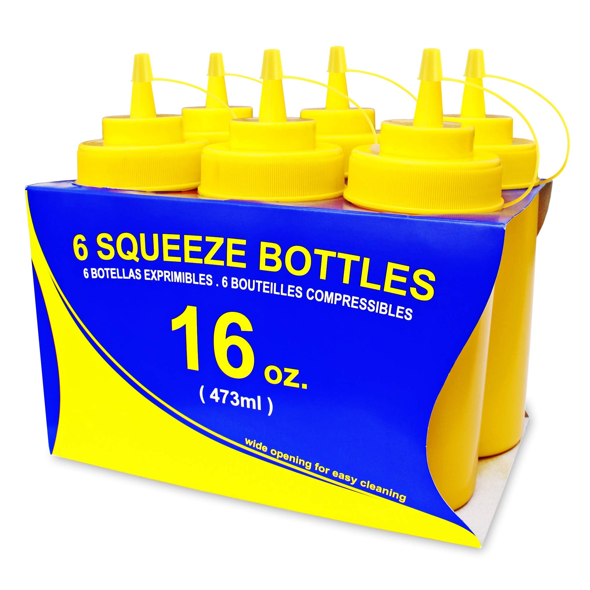 New Star Foodservice 26528 Plastic Squeeze Bottles With Cap And Scale, Wide Mouth, 16 Oz, Yellow, Pack Of 6