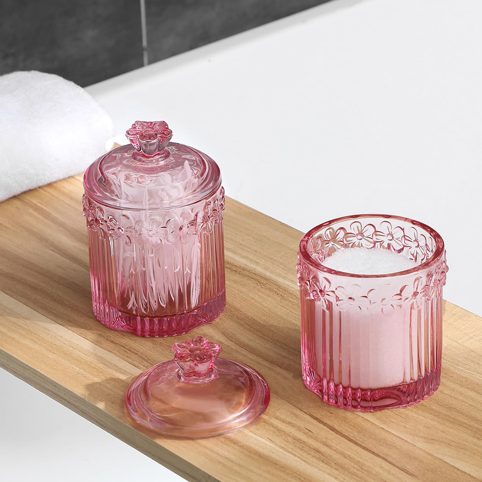 Rejomiik 2 Pack Qtip Holder Glass Apothecary Jars With Lids Set Bathroom Canisters Dispenser Organizers And Storage For Cotton B