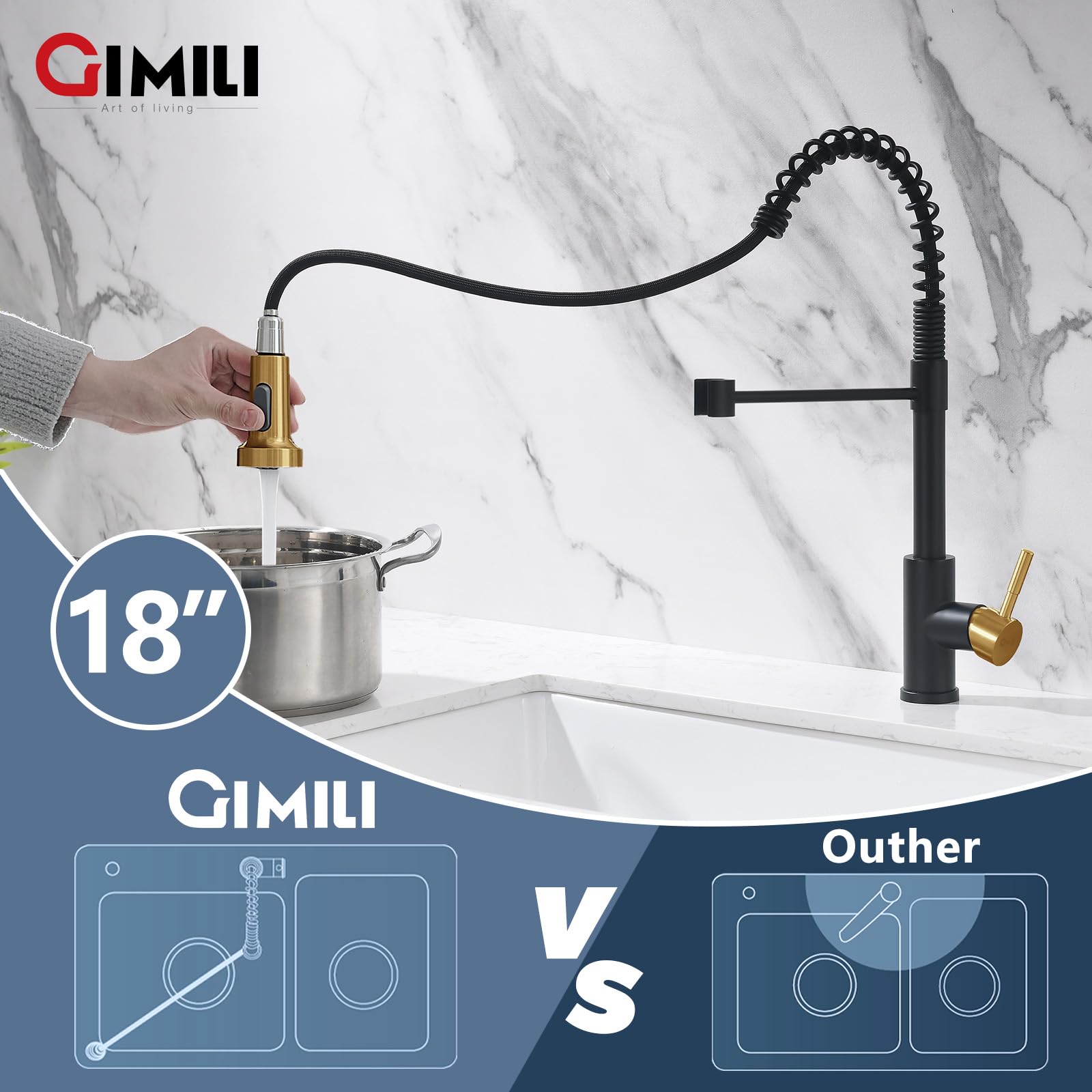 Gimili Kitchen Faucet With Pull Down Sprayer Commercial Single Handle Lever Spring Kitchen Sink Faucet Matte Black&Gold