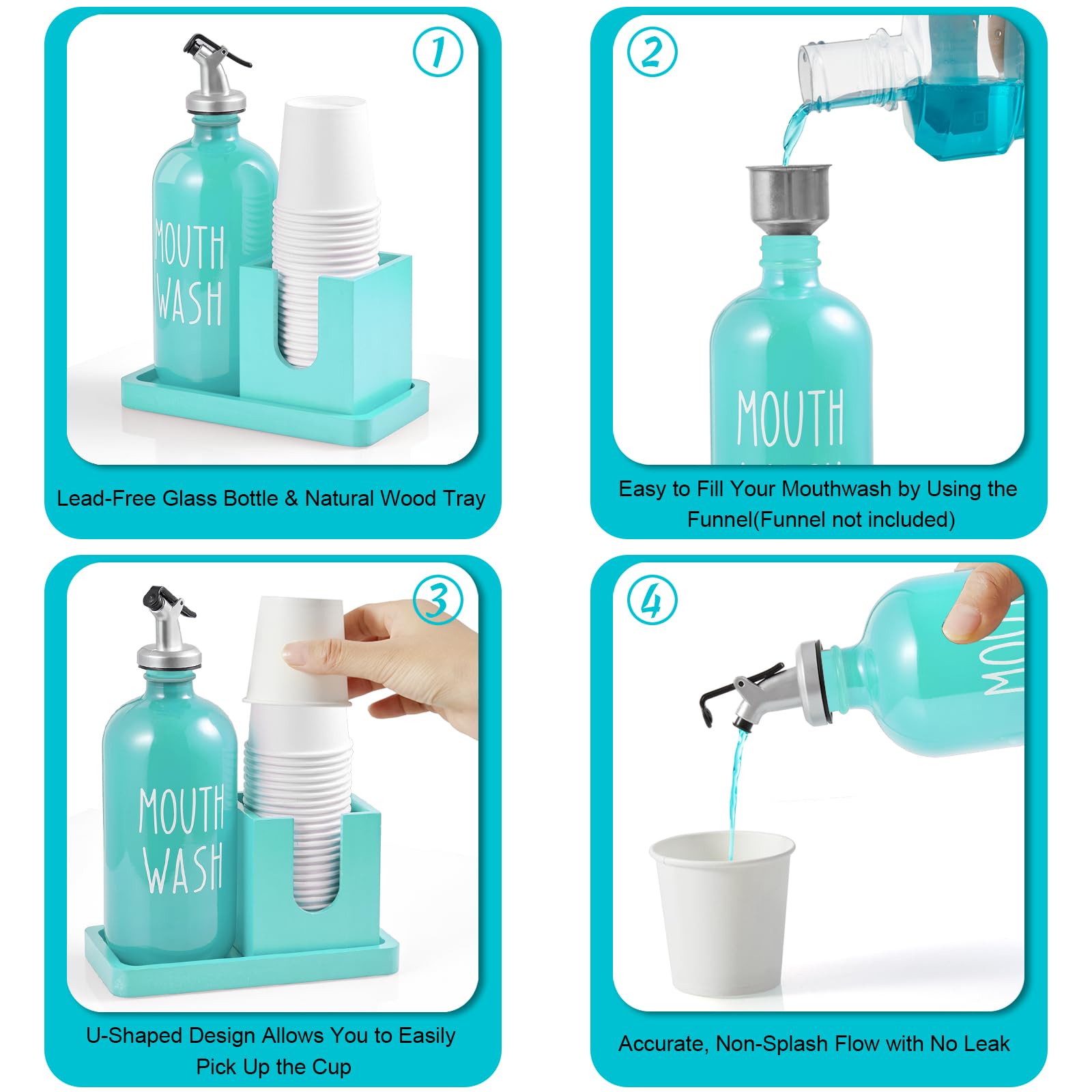 Turquoise Mouthwash Dispenser For Bathroom, 16 Oz Glass Mouthwash Dispenser With Wood Cup Holder And Tray, Mouth Wash Bottle Con