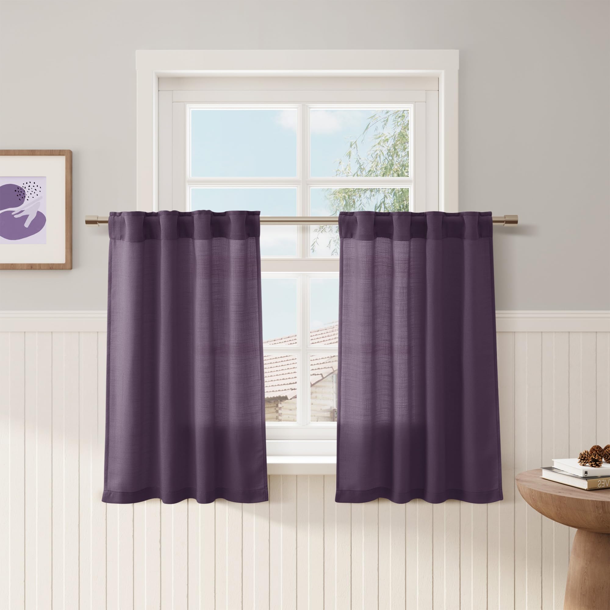 Plum Linen Cafe Farmhouse Kitchen Curtains 36 Inch Length Linen Privacy Light Filtering Pleated Short Curtains with Rod Pocket B