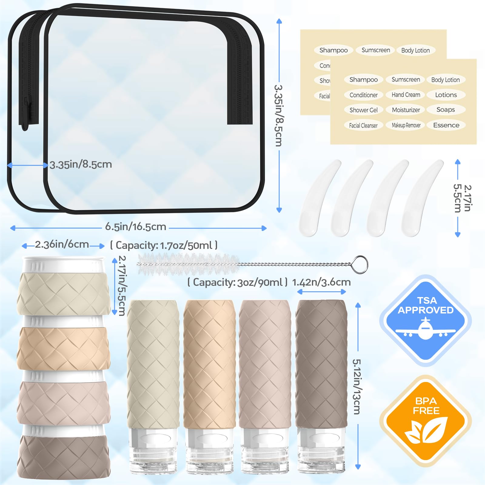 16 Pack Travel Bottles for Toiletries, TSA Approved Travel Size Toiletries Containers Set, BPA-Free Silicone Leak Proof Refillab