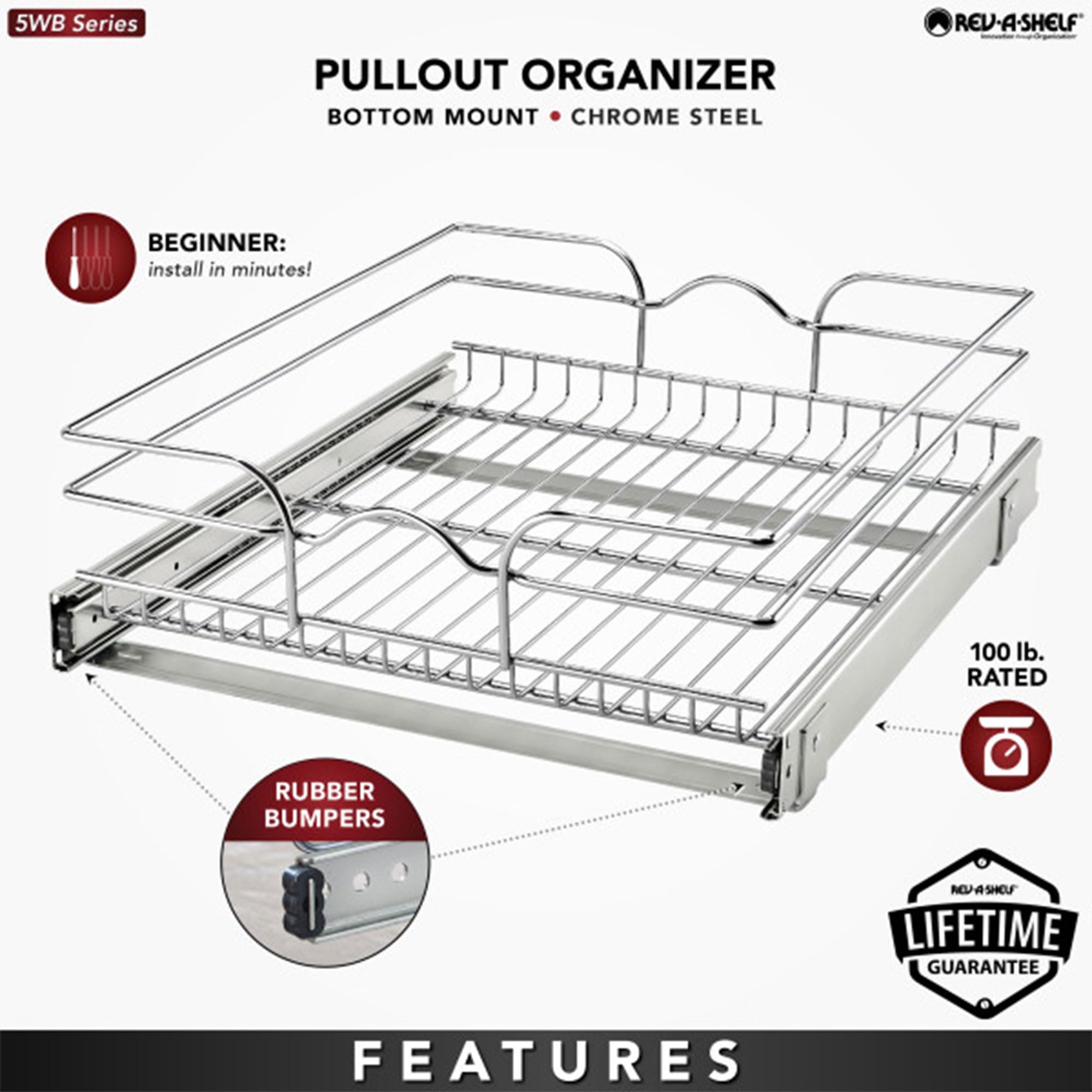 Rev-A-Shelf Kitchen Cabinet Pullout Shelf And Drawer Organizer Slide Out Pantry Storage Basket In Multiple Sizes, 18 X 20 In, 5W
