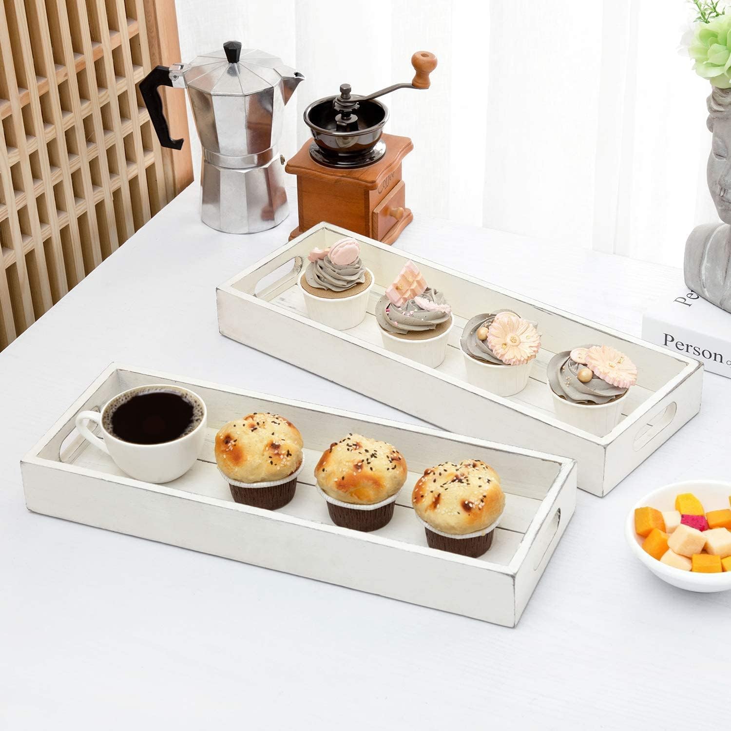 White Lift Tea & Food Storage Platters For Serving Beverages, Decorative Serving Trays With Cutout Handles, Rectangular Ottoman 