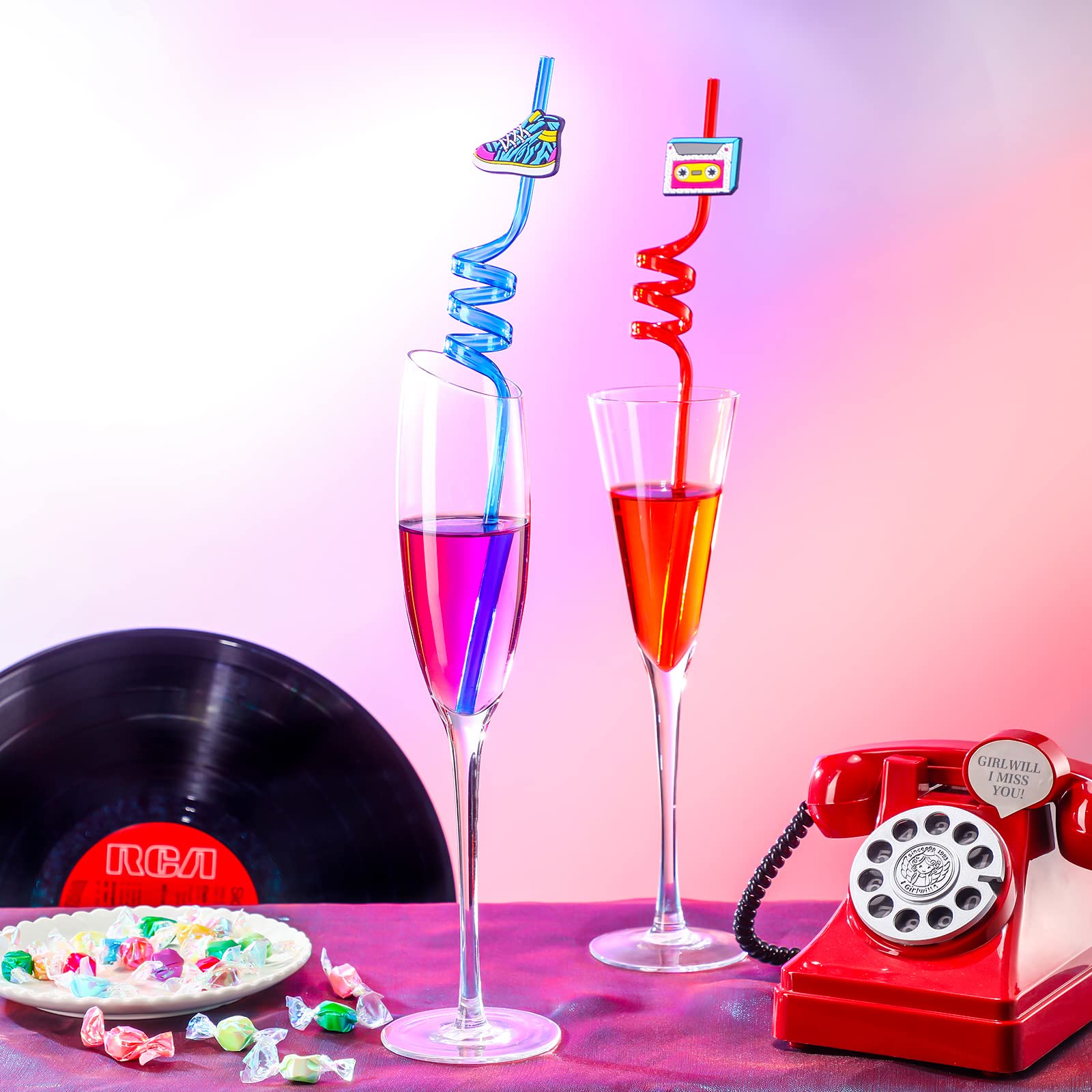 Vesici 80S Party Decor Retro Straw Hip Hop Theme 80S Party Silly Drinking Straws I Love 80S Radio Boombox Mobile Phone Straw Dec