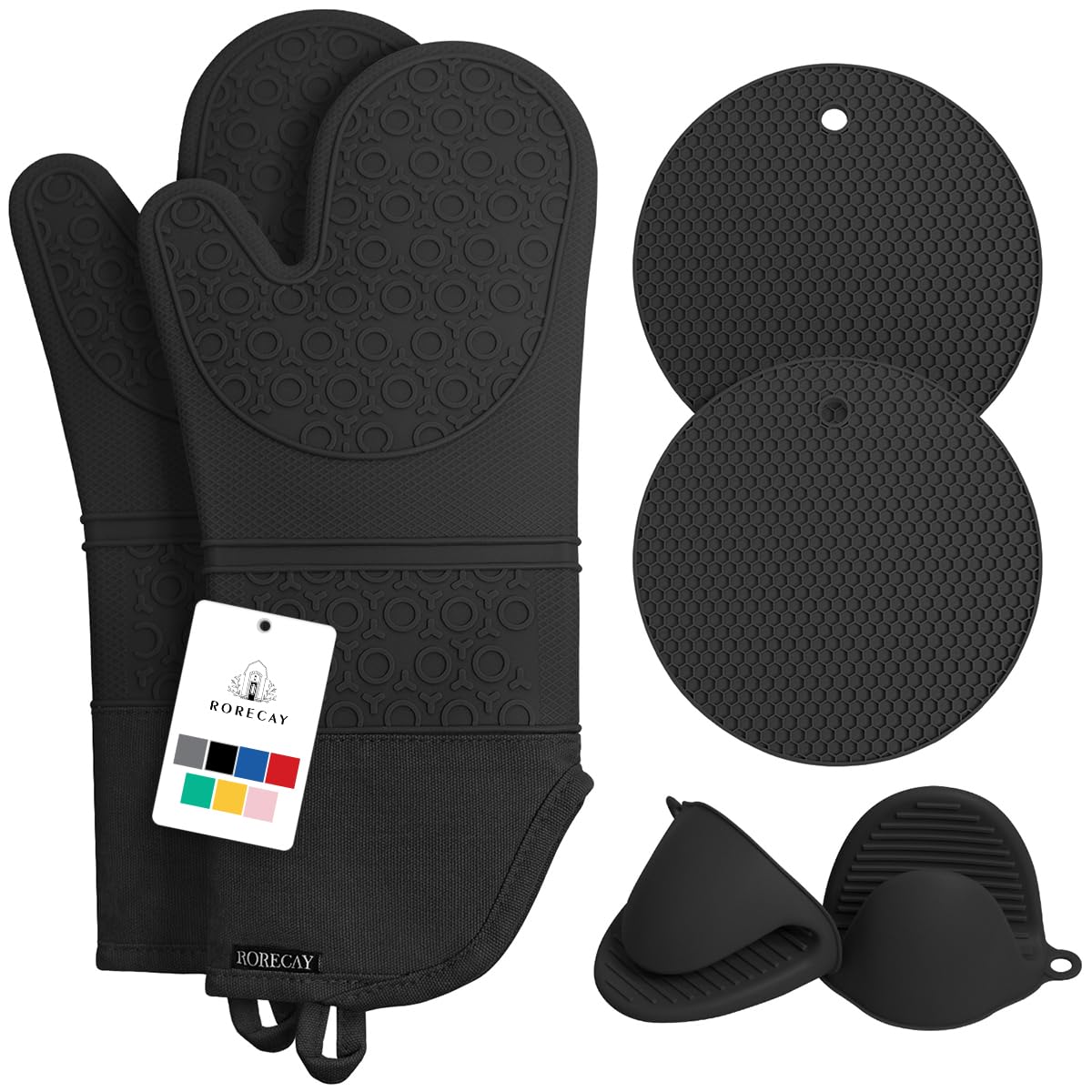 Rorecay Extra Long Oven Mitts And Pot Holders Sets: Heat Resistant Silicone Mittens With Mini Gloves Hot Pads Potholders For Kit