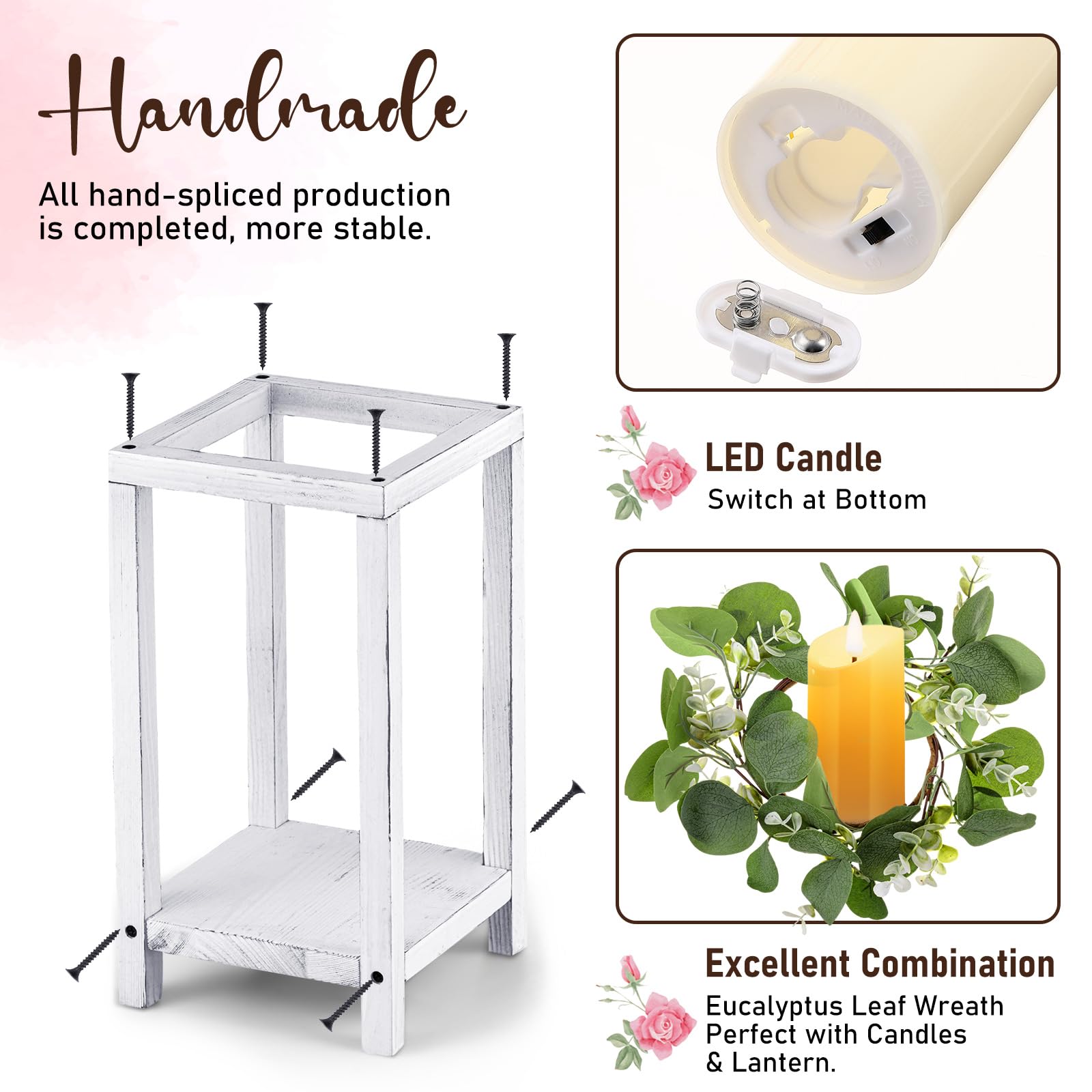Geelin 12 Set 10.59   White Wooden Lanterns for Wedding Centerpieces Include 12 Wooden Lantern 12 LED Candle 12 Eucalyptus Leave