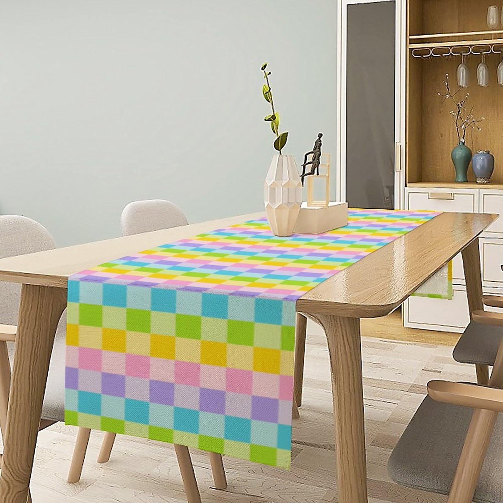 Boho Hippie Table Runner Rainbow Geometric Square Table Runner Retro Country Dinner Runner for Living Room Kitchen Party Holiday