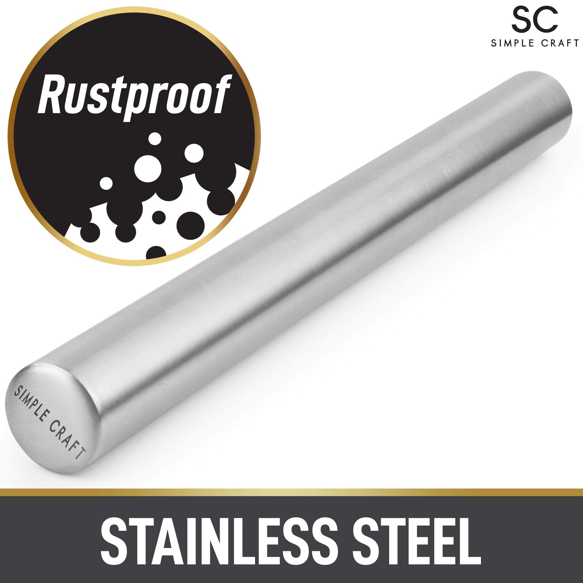 Simple Craft Premium 16    Rolling Pin - Smooth Tapered Professional French Rolling Pin - Stainless Steel Rolling Pin For Making
