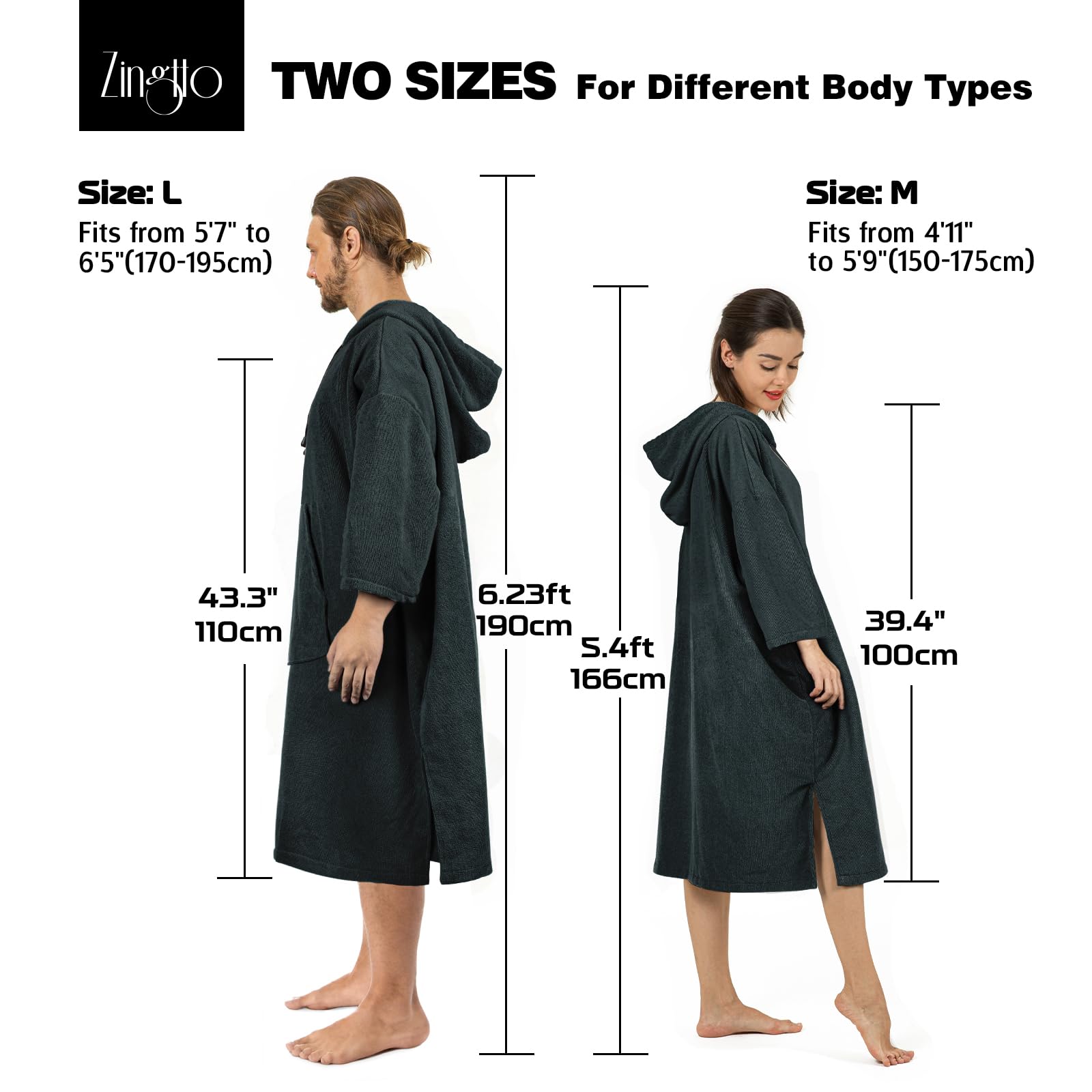 Zingtto Surf Poncho Changing Robe, 3/4 Sleeve Extra Large Thick Hoodie Towel Poncho For Men Women Beach Swimming, 43'' X 35'', B