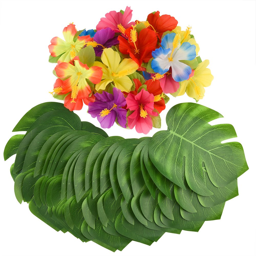 KUUQA 88 Pcs 20cm/8 Tropical Palm Leaves and Silk Hibiscus Flowers Party Decor, Artificial Monstera Plant Leaves Flowers Hawaiia