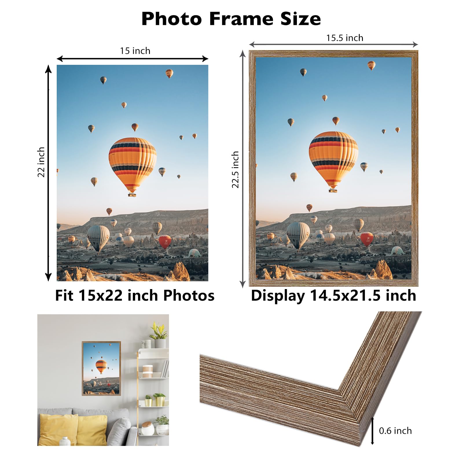 JCJMY 15x22 Picture Frame Rustic Brown for Poster Photo Picture, Horizontal and Vertical Formats for Wall Hanging, 15 x 22 Wall