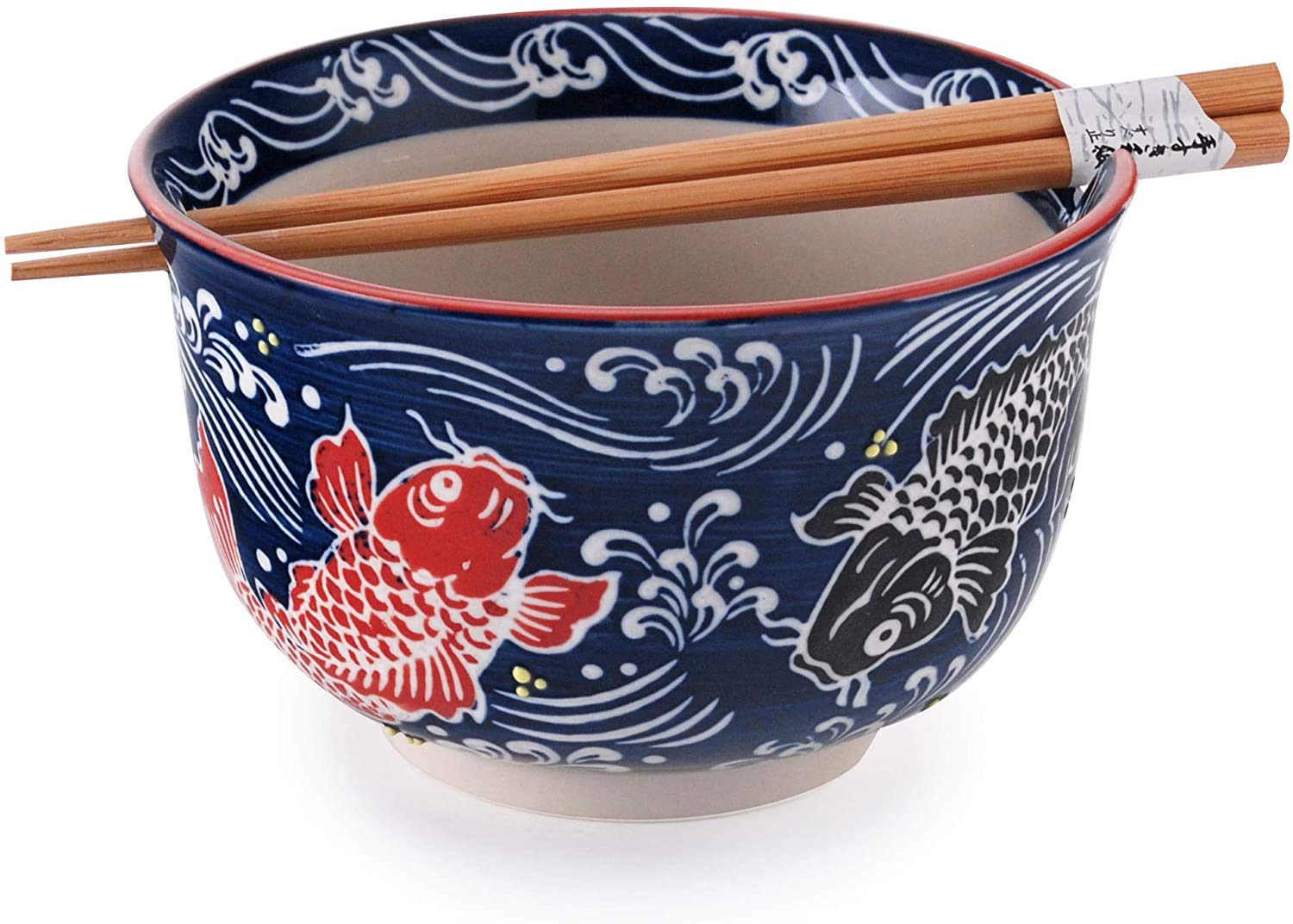 Happy Sales, Multi Purpose 6.25'' D Large Ramen Udon Soba Pho Noodle Donburi Rice Tayo Bowl With Chopsticks (Redblackcoi)