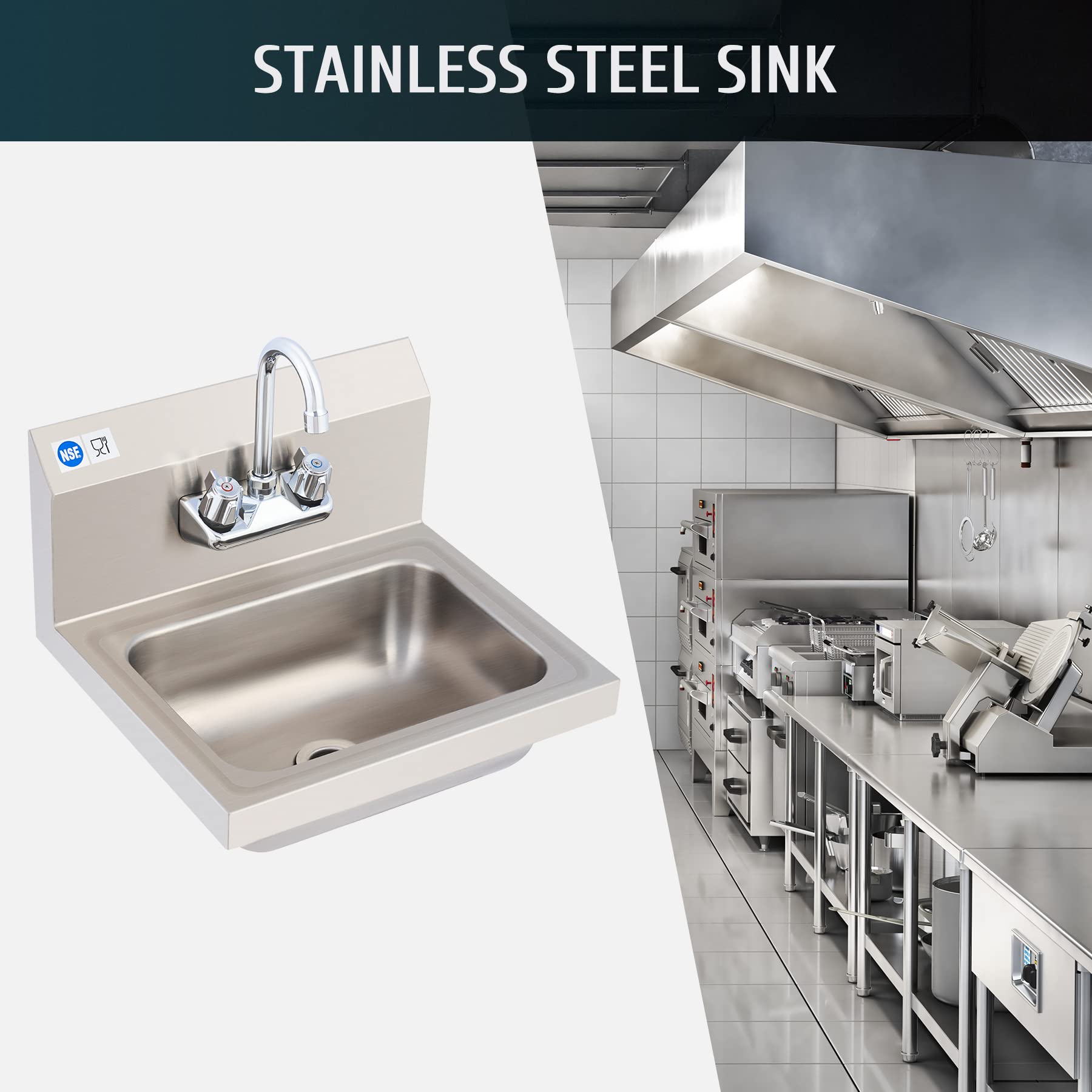 Wilprep Commercial Stainless Steel Sink For Hand Washing, Nsf Commercial Utility Sink With Gooseneck Faucet, Wall Mount Kitchen