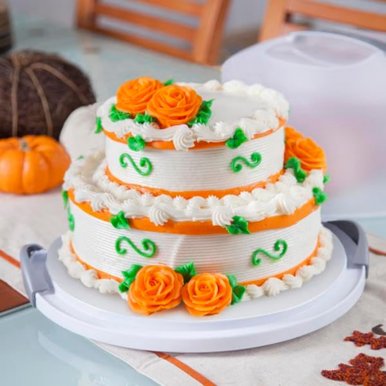 Joey'Z Extra Large Cake Carrier/Storage Container With Server Holds Up To 12 Inch 3-Layer Cake, White Gray Translucent Dome - Tr