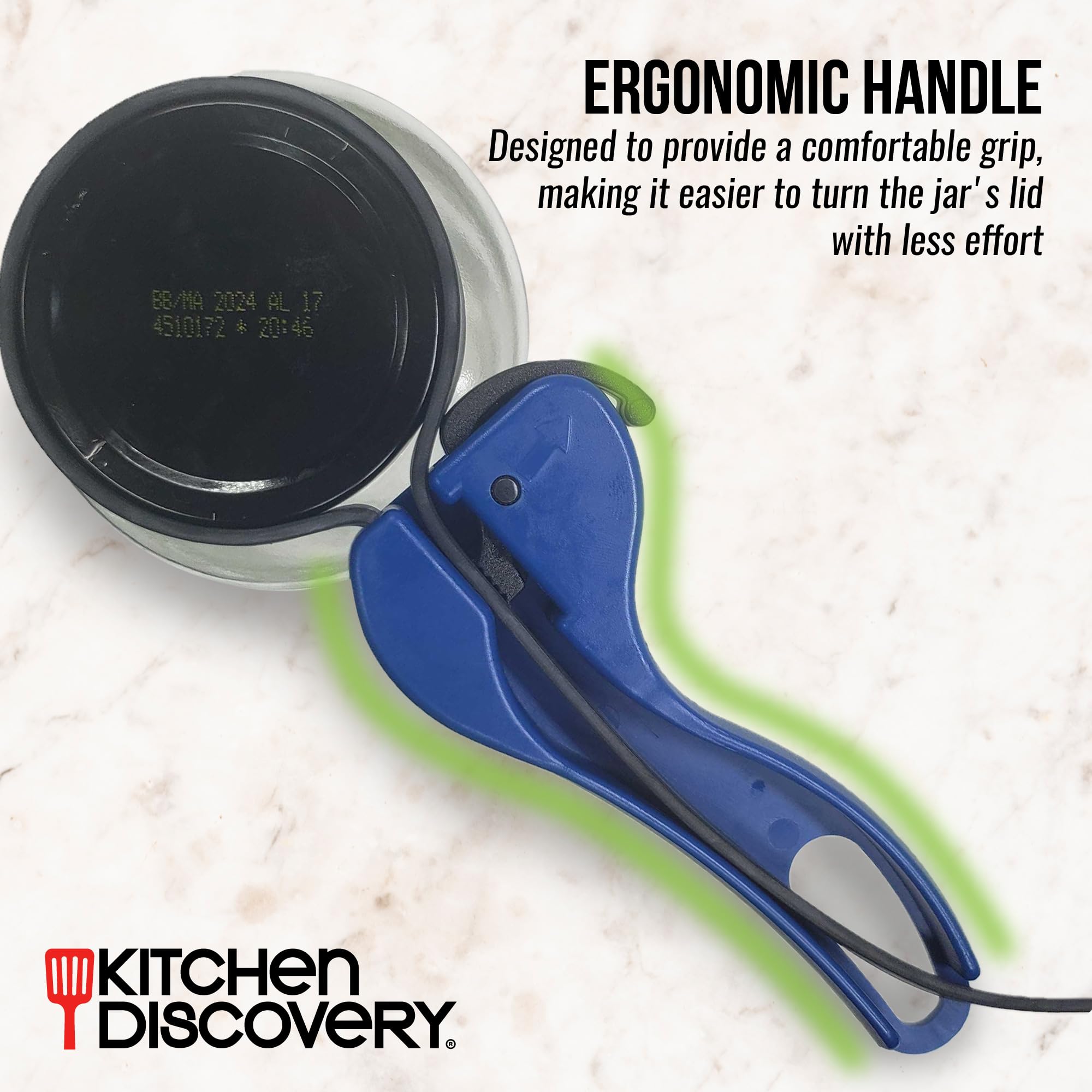 Kitchen Discovery Adjustable Jar Opener - Blue Rubber Gripper for Seniors - Large Size, Eases Lids Without Strain