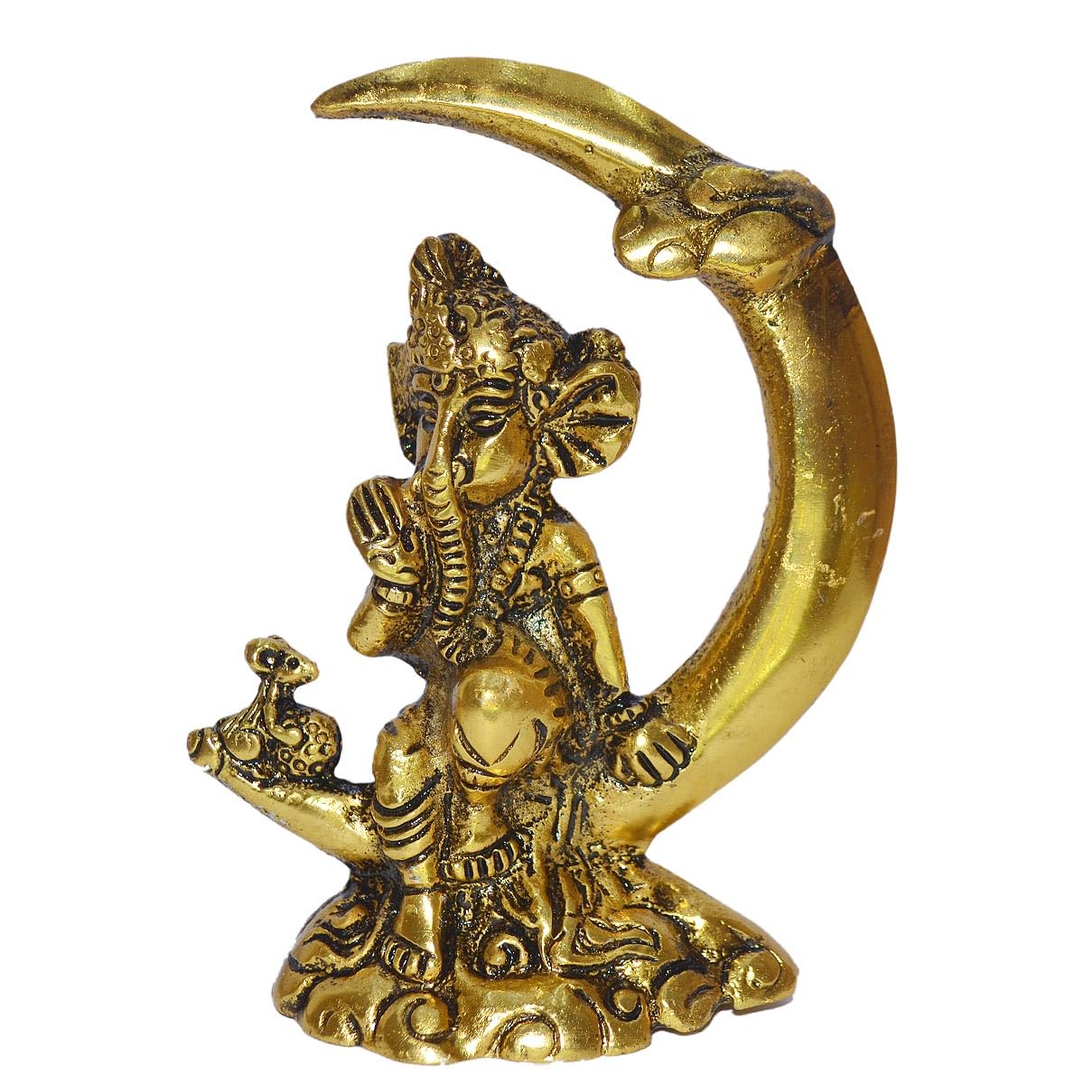 Real Seed Brass Ganesha Statue, Ganesh Sitting On Moon Sculpture | Size- Height- 11.3 Cms X Width- 9.3 Cms