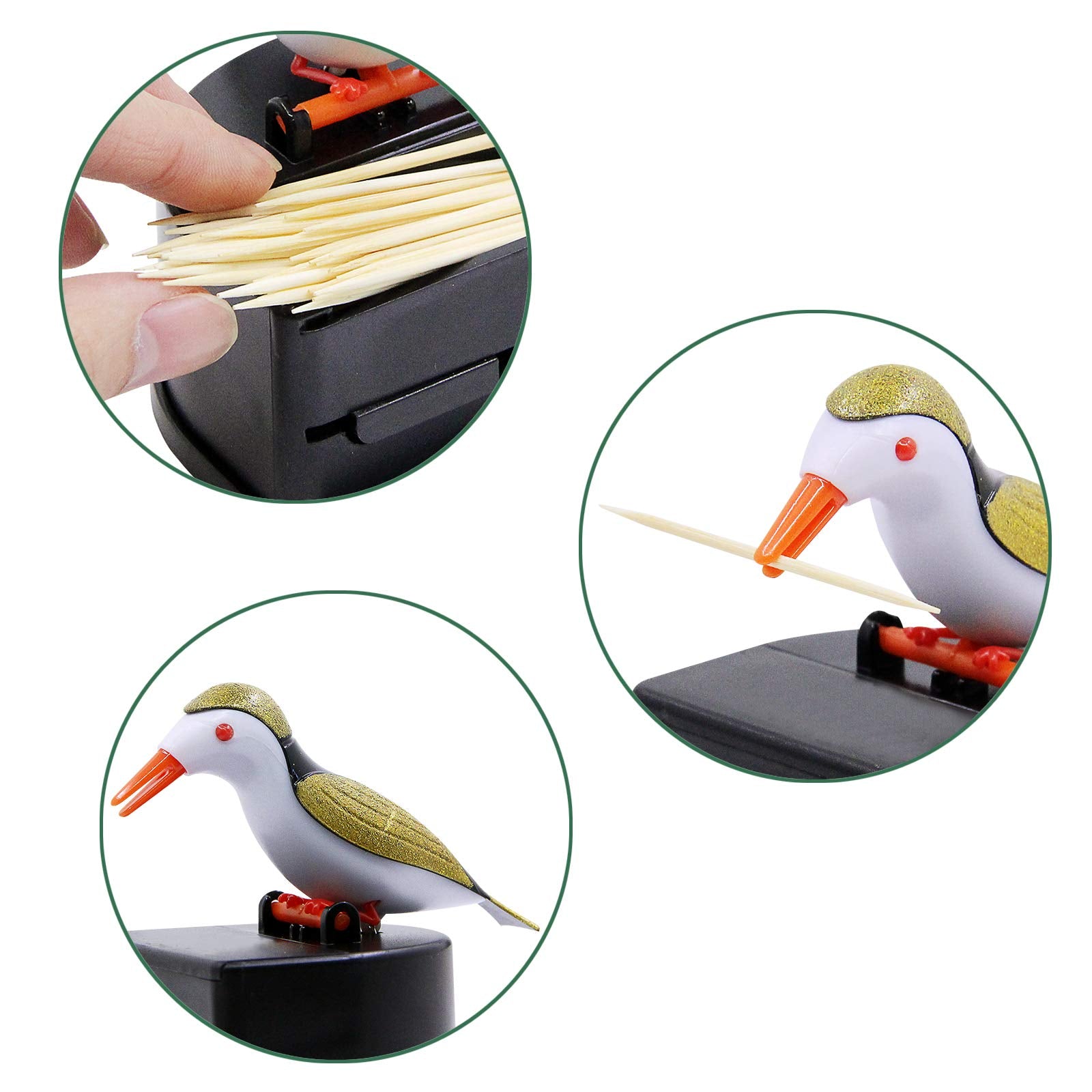 Jucaifu Little Bird Toothpick Dispenser, Creative Push-Type Toothpick Bird Dispenser, Toothpick Holder. (Gold)