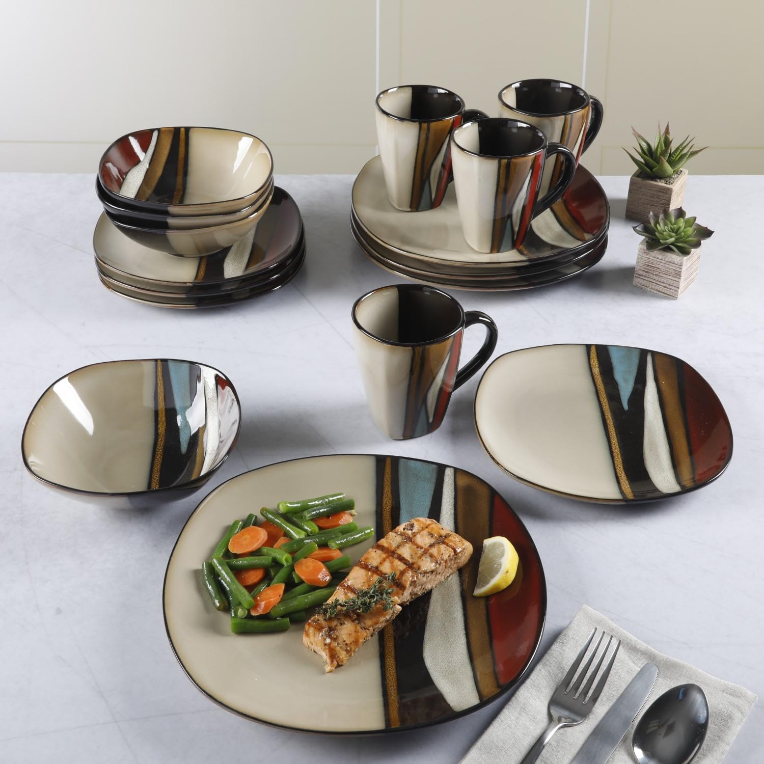 Gibson Elite Althea 16 Piece Reactive Glaze Dinnerware, Multicolor -, Service for 4 (16pcs), Red