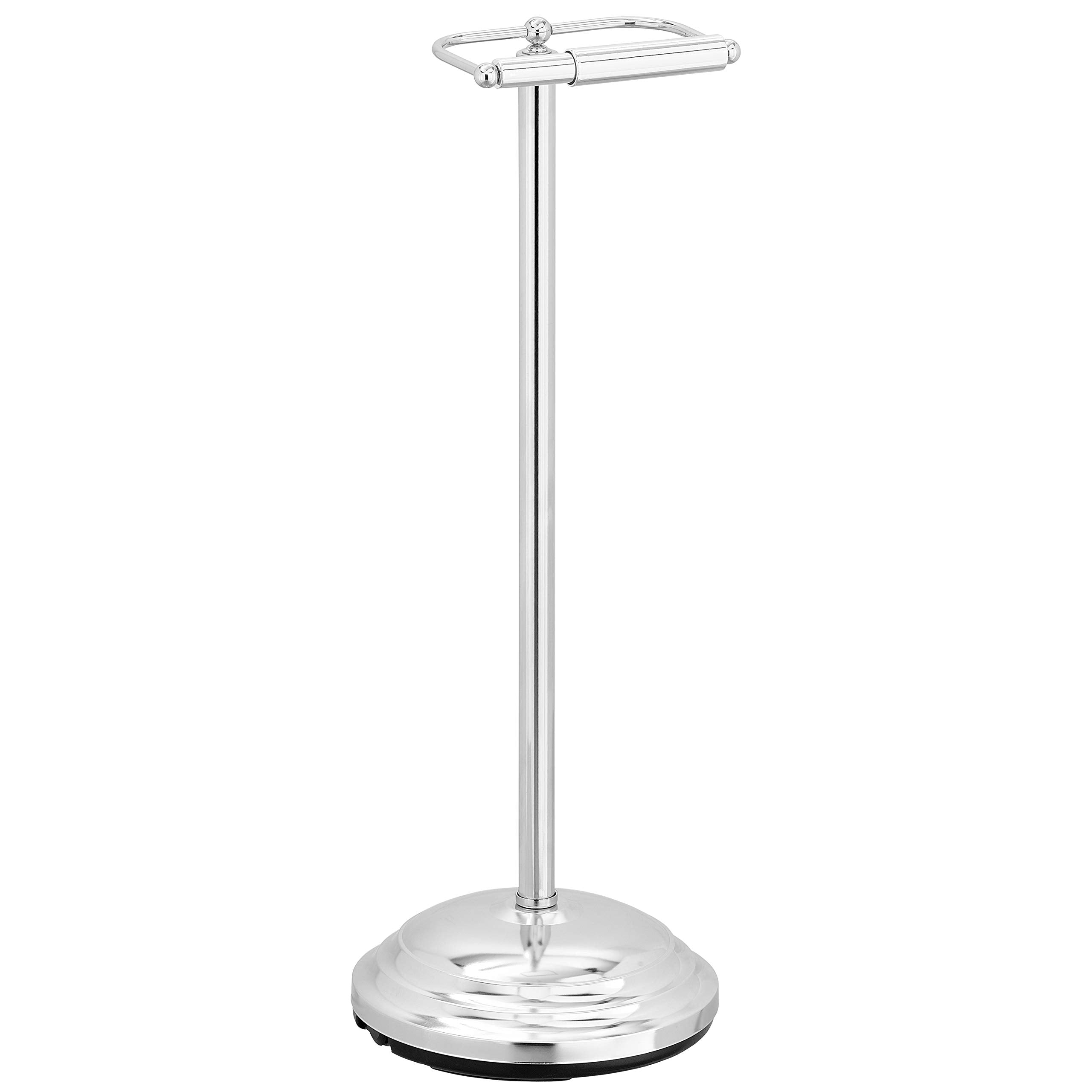 Mygift Silver Chrome-Plated Metal Heavy Weighted Free Standing Toilet Paper Holder, Classic Bathroom Single Roll Dispenser Stand