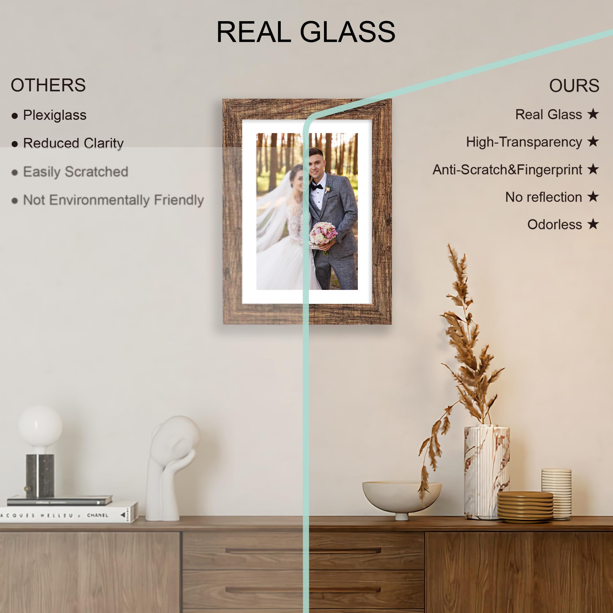 Hongkee 7x10 Picture Frame Set of 4, Made of Real Glass and Rustic Brown Frame - Display Picture 5.5x8.5 with Mat or 7x10 Withou