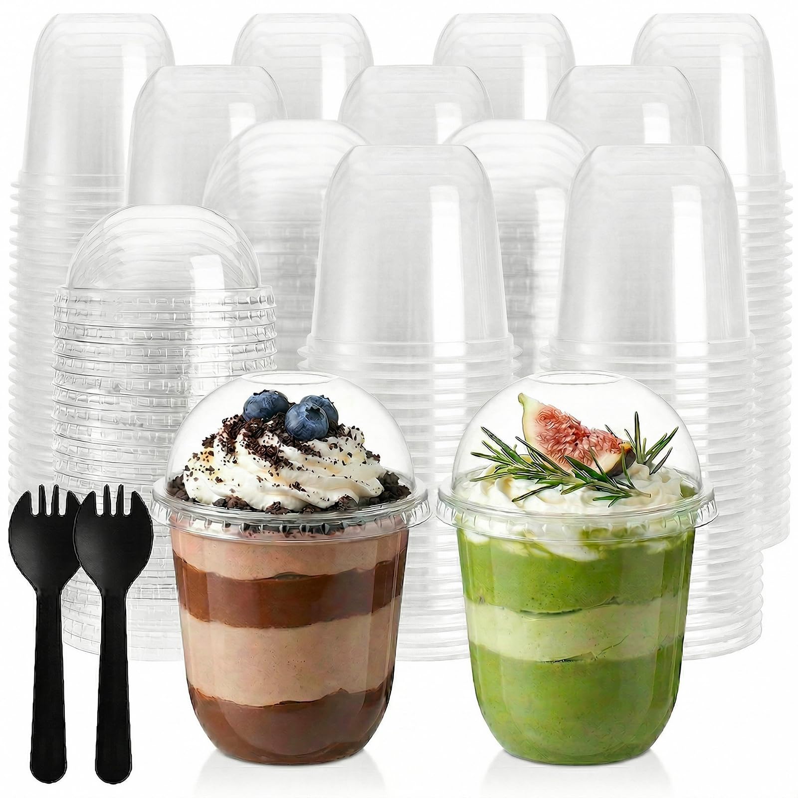 Nicunom 100 Pack 12 oz Clear Dessert Cups with No Hole Dome Lids & Sporks, Plastic Parfait Cups, No Leaking Disposable Party Cup