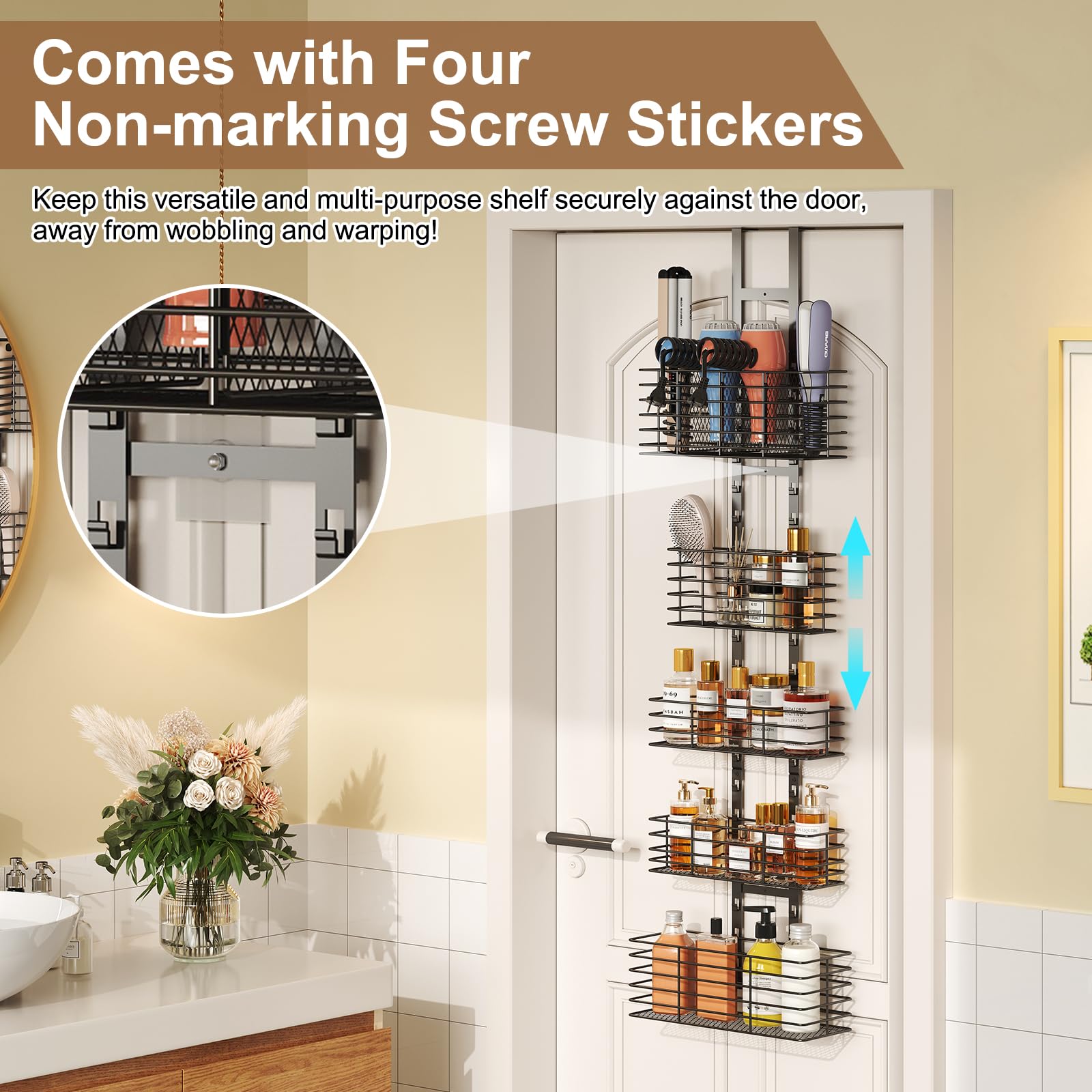 5-Tier Over The Door Bathroom Organizer - Hair Dryer Holder - Hair Tool Organizer Adjustable Height, Diy Bathroom Storage Shelf