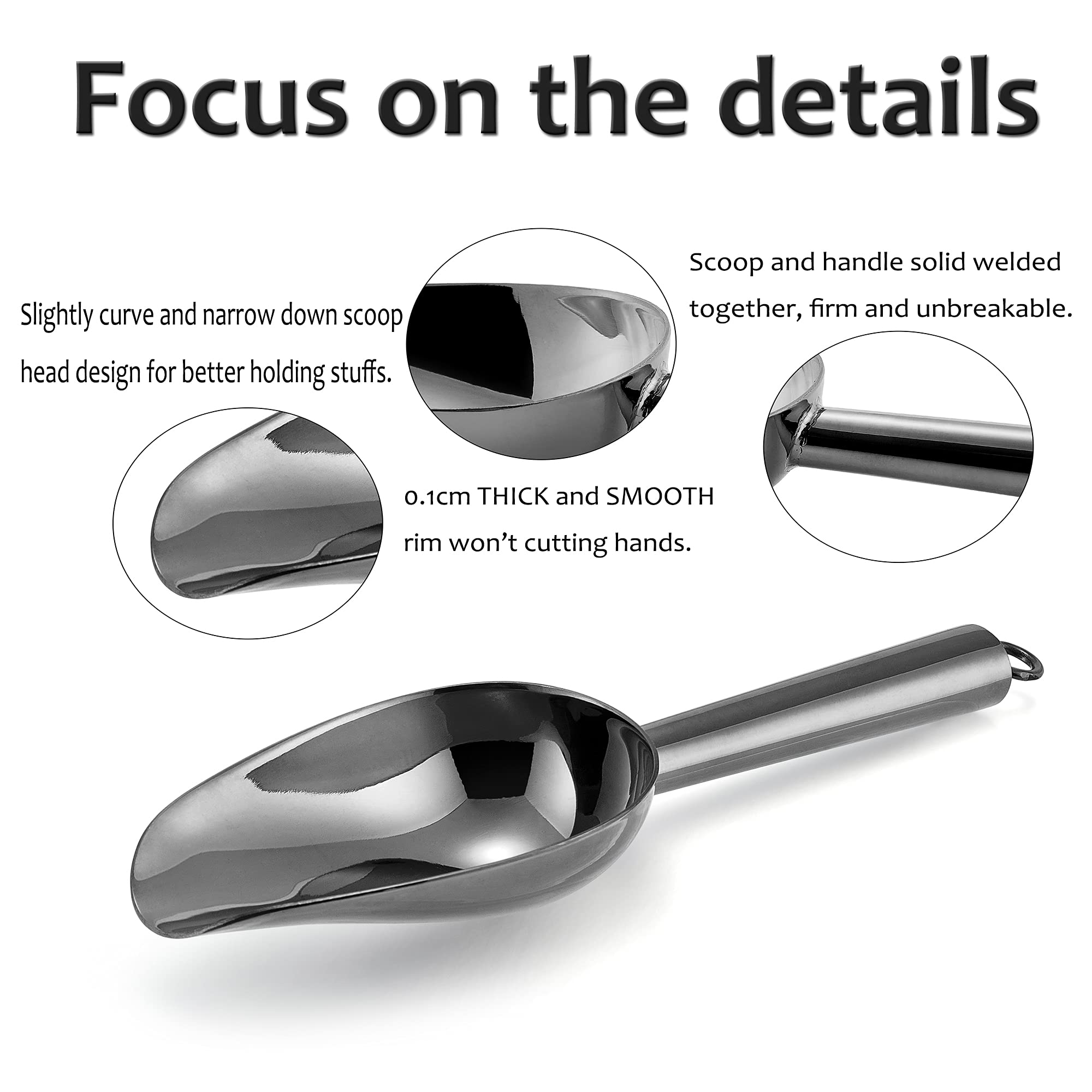 Mini Ice Scoop Set Of 4, E-Far 3 Ounce Platinum Black Stainless Steel Scoops For Candy/Flour/Sugar, Small Metal Scoops For Party