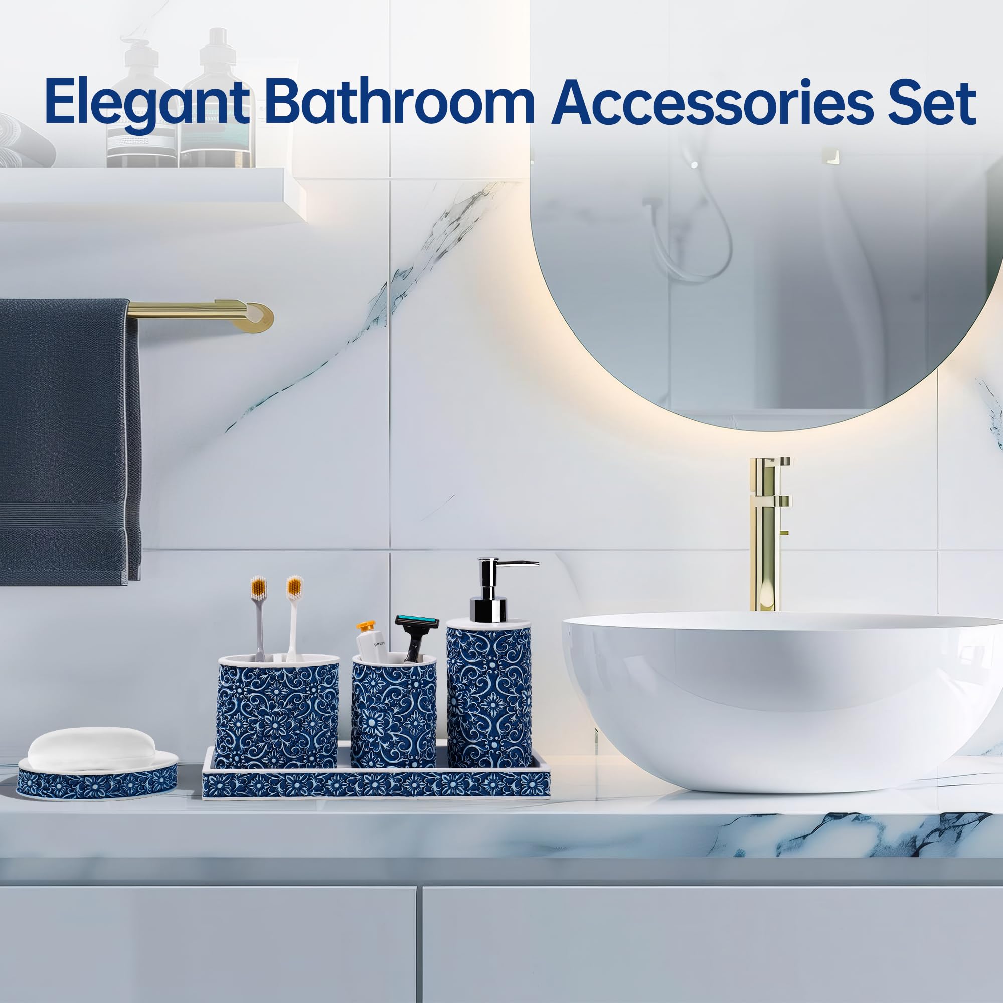Ymxyjm Bathroom Accessories Set, Elegant Handmade Floral Pattern, 5 Pcs Bathroom Accessory Set, Soap Dispenser, Toothbrush Holde