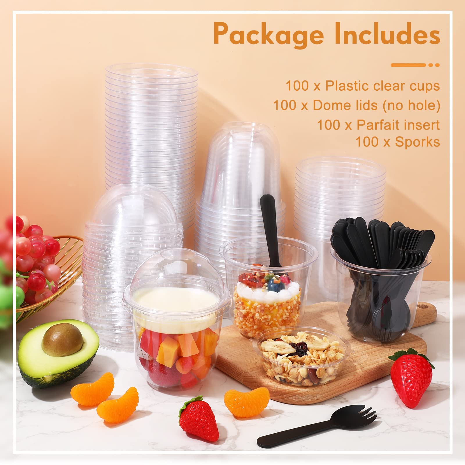100 Pack 12 Oz Clear Plastic Parfait Cups With Dome Lids No Hole Disposable Party Dessert Cups With Lids Insert Spork Round Frui