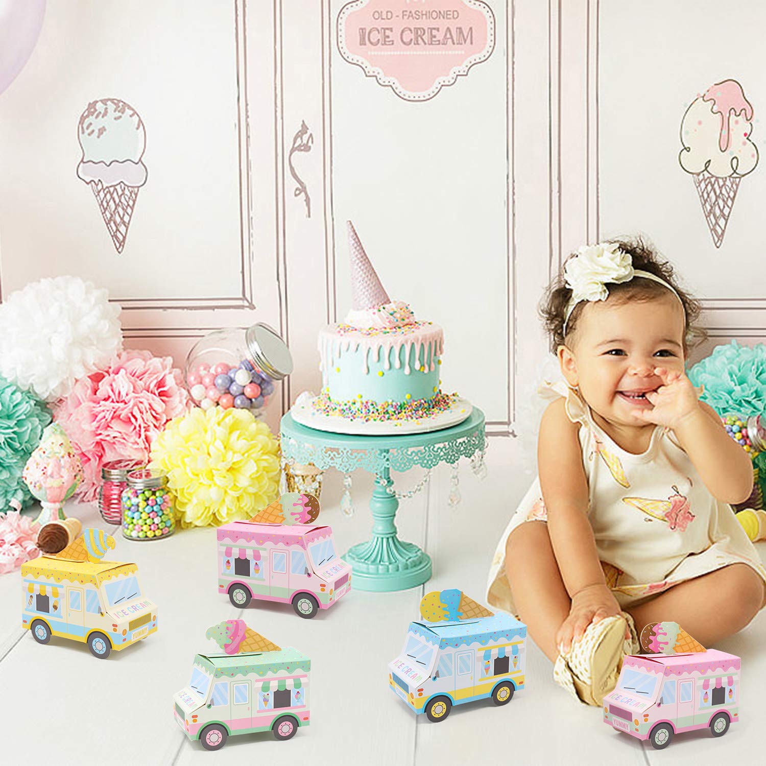 Ice Cream Party Favor Boxes Ice Cream Truck Shape Treat Boxes Summer Goodie Candy Boxes Sprinkles Themed Baby Shower Kids Birthday Party Centerpieces Table Decor Supplies Set of 12
