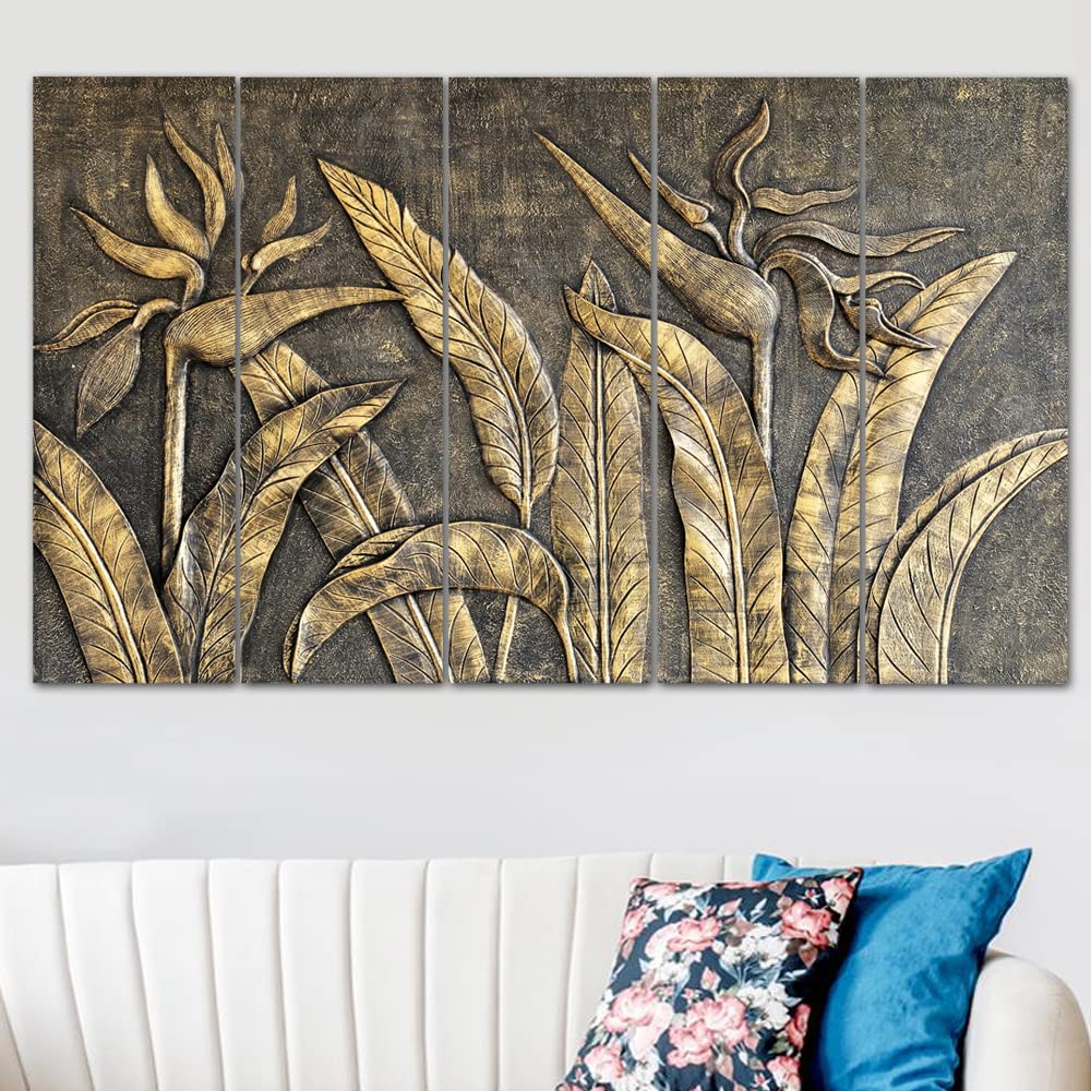 Maxstone Goldan Leaves Leaf Natural Wall Painting Living Room,Bedroom,Office,Home Dcor 5 Panal Wall Painting Big Size Wall Hangi
