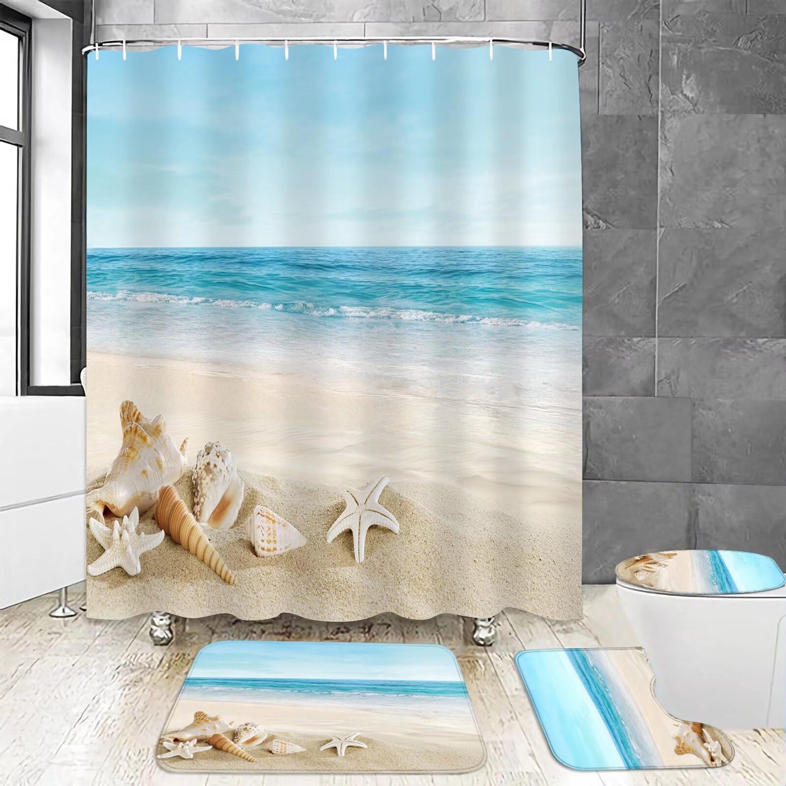 Chrainy 4Pcs Summer Beach Shower Curtain Sets Sea Ocean Bathroom Set Decor With Non-Slip Rugs Bath U-Shaped Mat Toilet Lid Cover