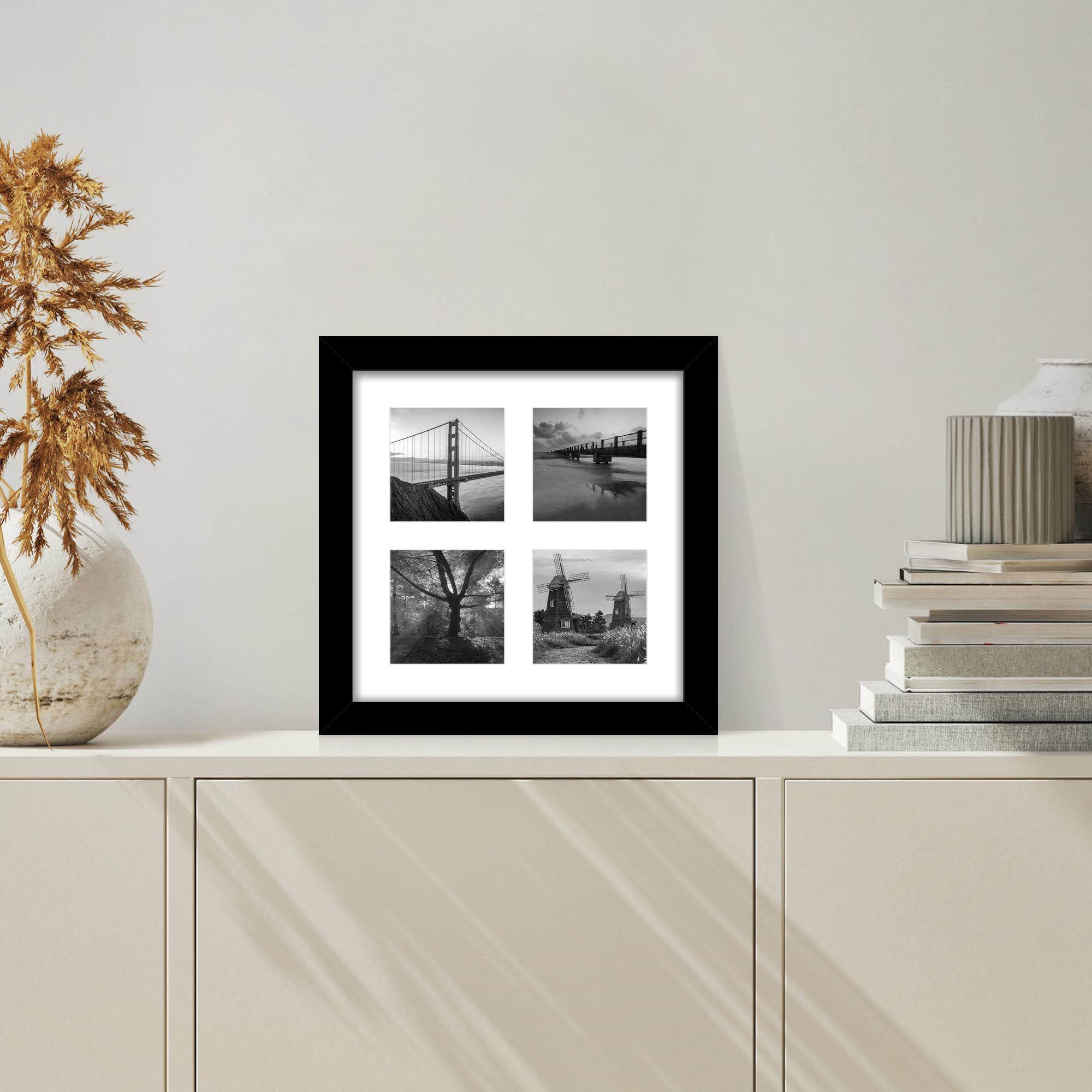 Hongkee 10x10 Picture Frame Set of 2, Real Glass and Black Collage Frame, Display Pictures Four Opening 4x4 With Mat or 10 x 10